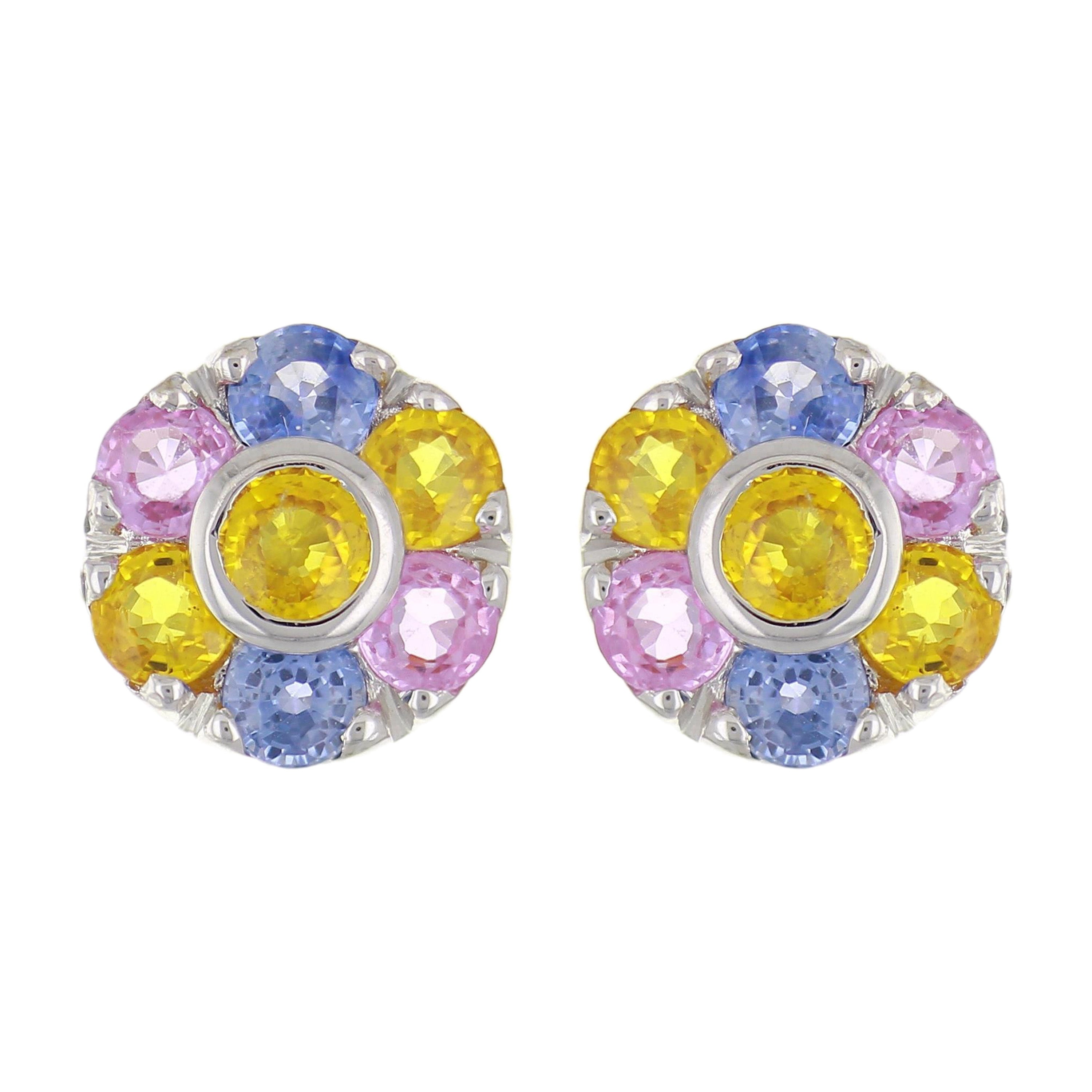 14k White Gold Multi Color Sapphire Gemstone Bouquet Flower Cluster Studs