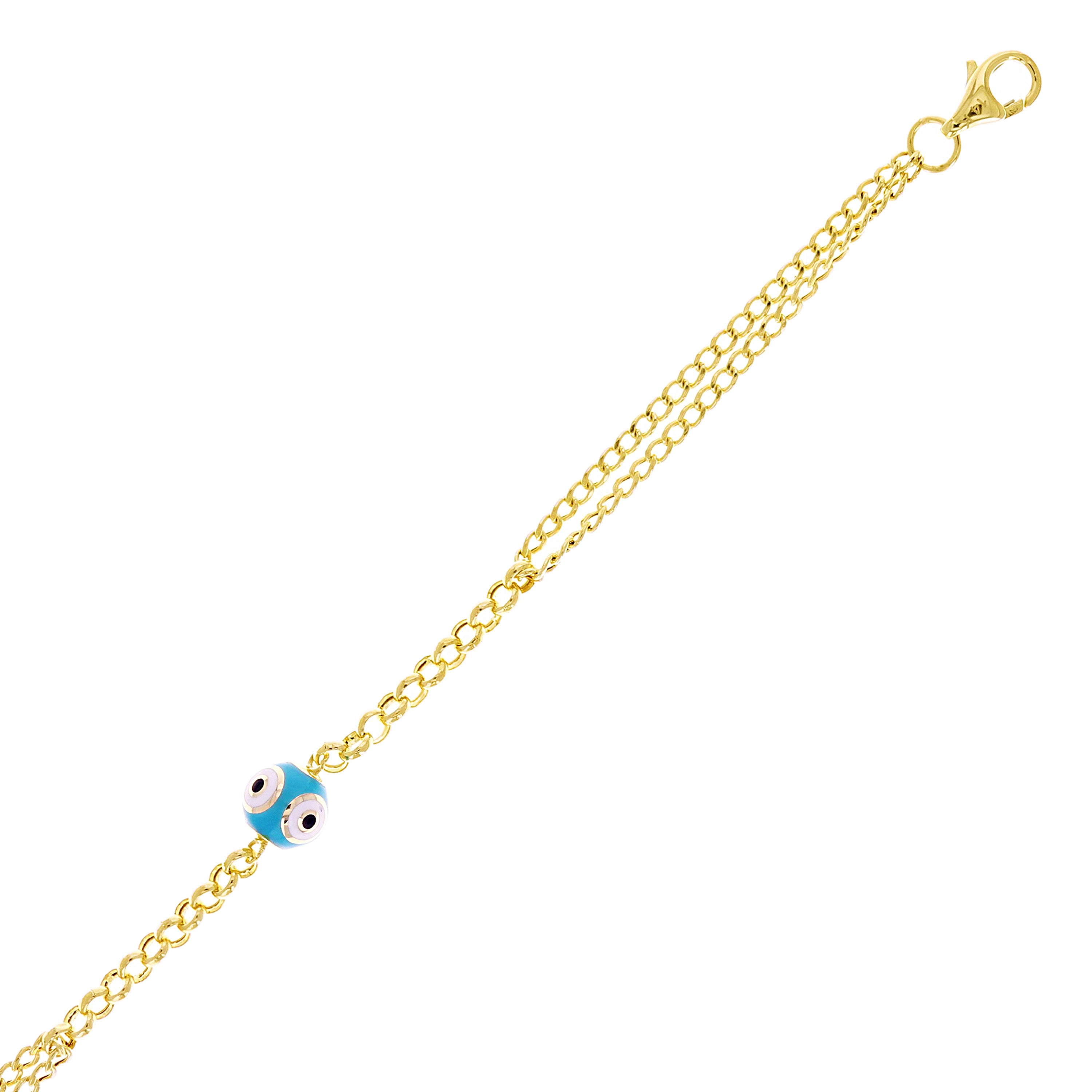 Italian 14k Yellow Gold Double Cuban Chain Evil Eye Charm Bracelet 7" 2.9 grams