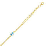 Italian 14k Yellow Gold Double Cuban Chain Evil Eye Charm Bracelet 7" 2.9 grams