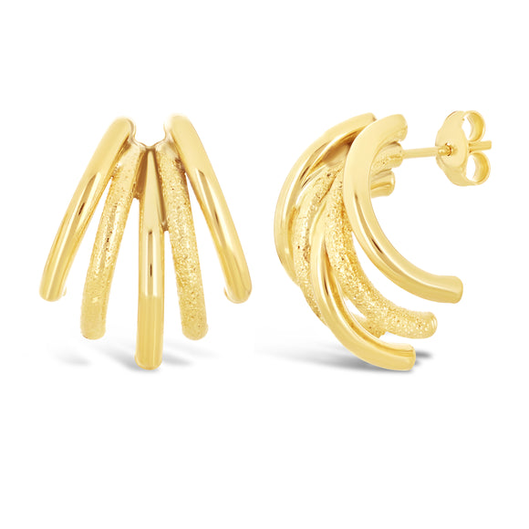 Italian 14k Yellow Gold Textured Macaroni Link Cuffed Quarter Hoop Stud Earrings - Yellow