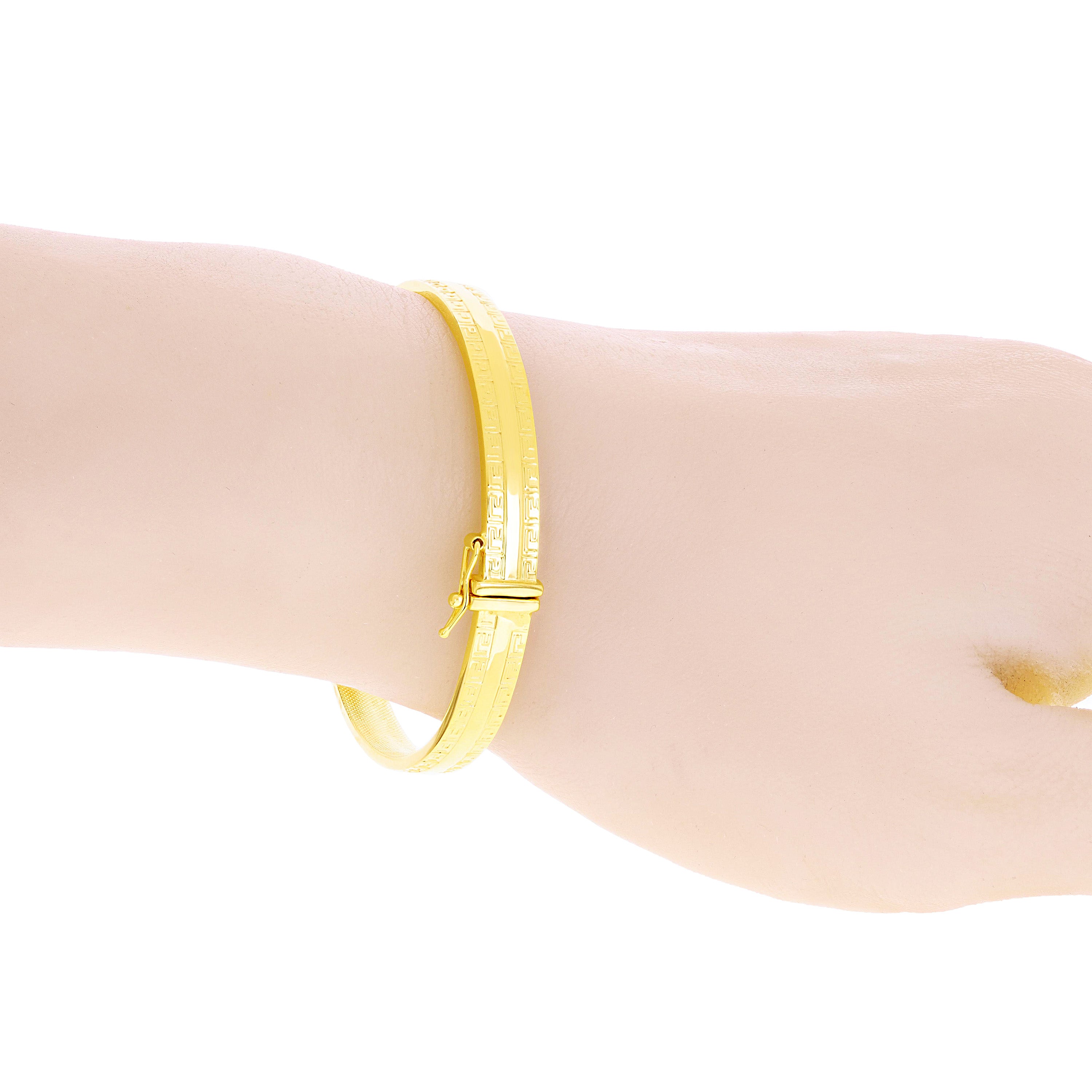 Italian 14k Yellow Gold Hollow Greek Key Design Bangle Bracelet 7" 6mm 5.1 grams