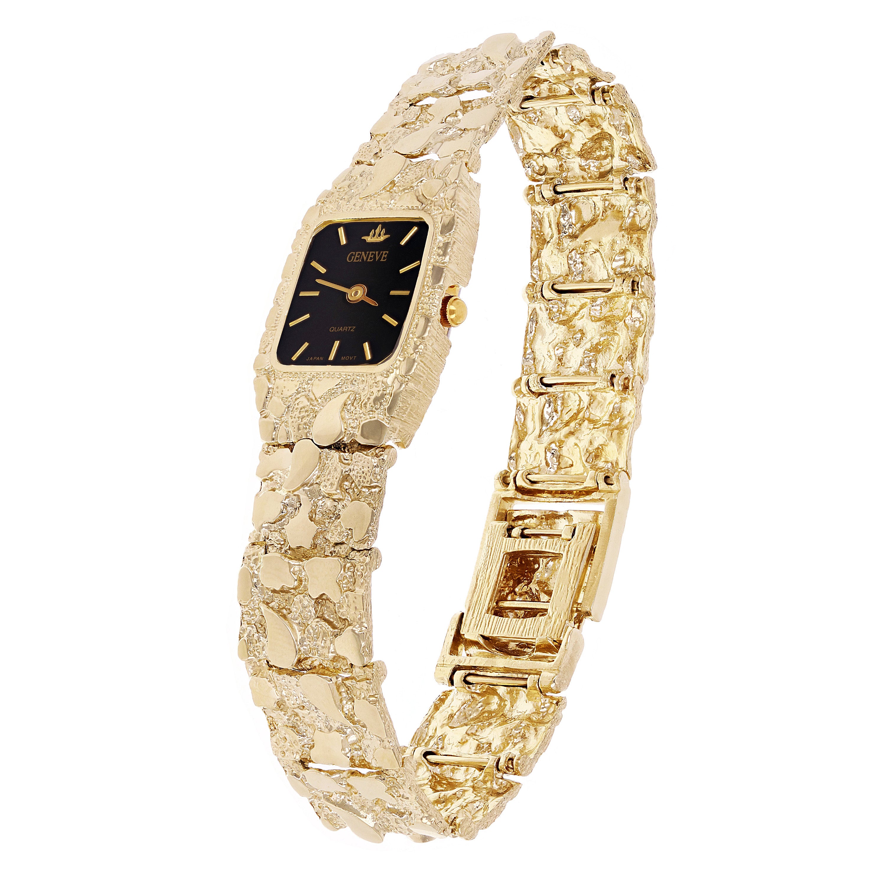 Women's 14k Yellow Gold Nugget Link Wrist Bracelet Geneve Watch 6.5-7" 42 grams - Black Faceplate 7"