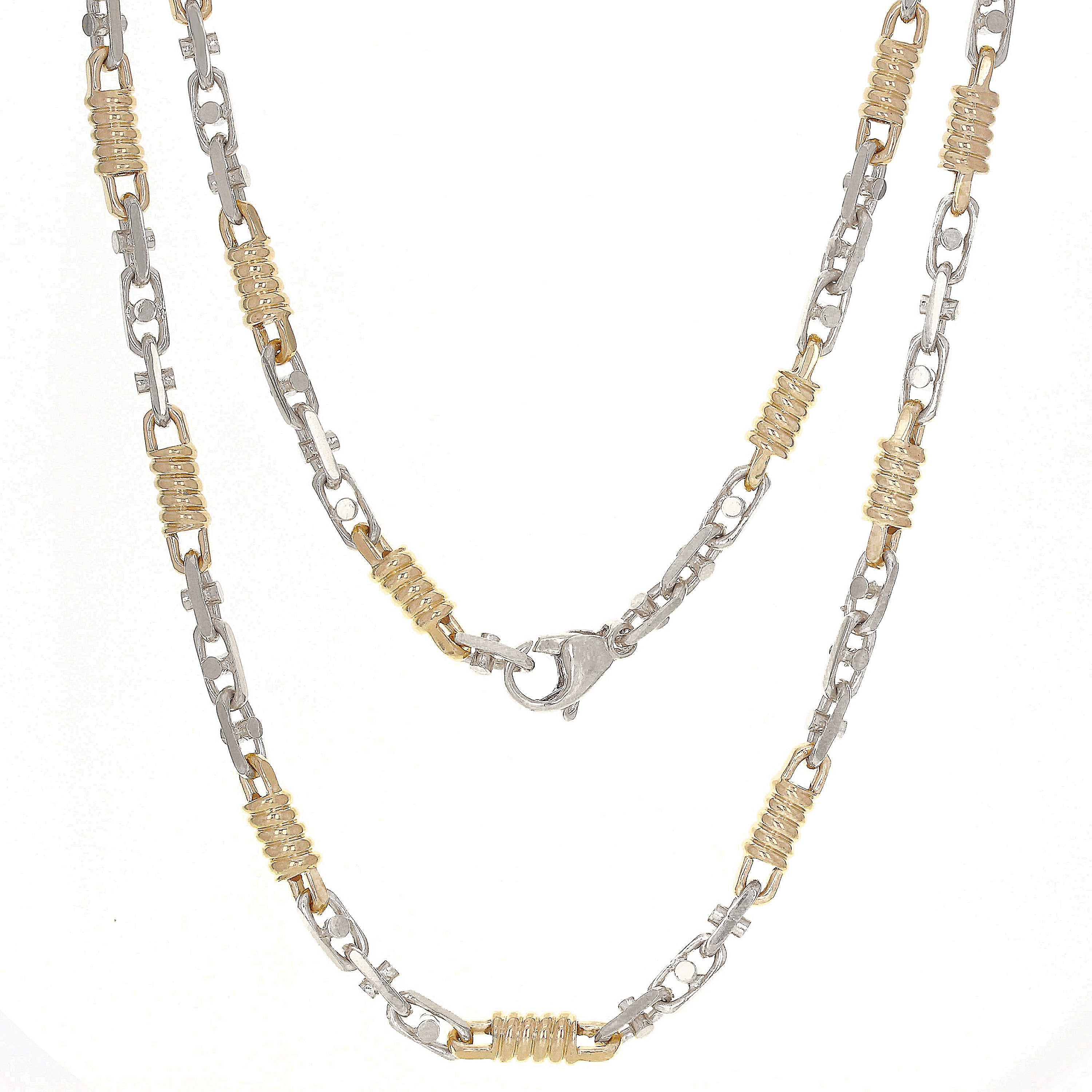 10k Two-Tone Gold Handmade Oval & Spring Barrel Link Necklace 18" 7mm 51.7 grams - White and Yellow 18" 51.7 grams