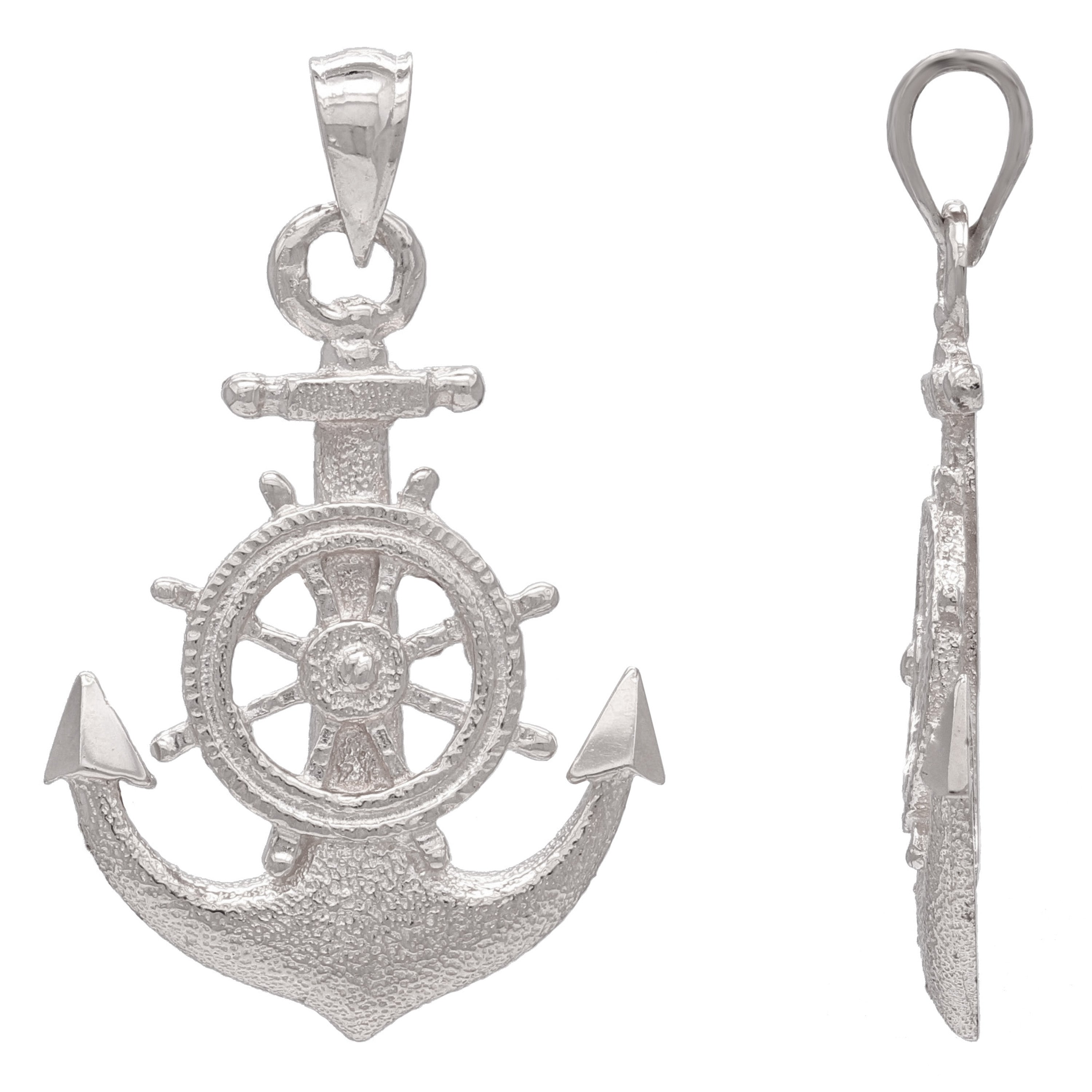 14k White Gold Anchor and Ship Wheel Nautical Textured Charm Pendant - White