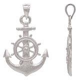 14k White Gold Anchor and Ship Wheel Nautical Textured Charm Pendant - White