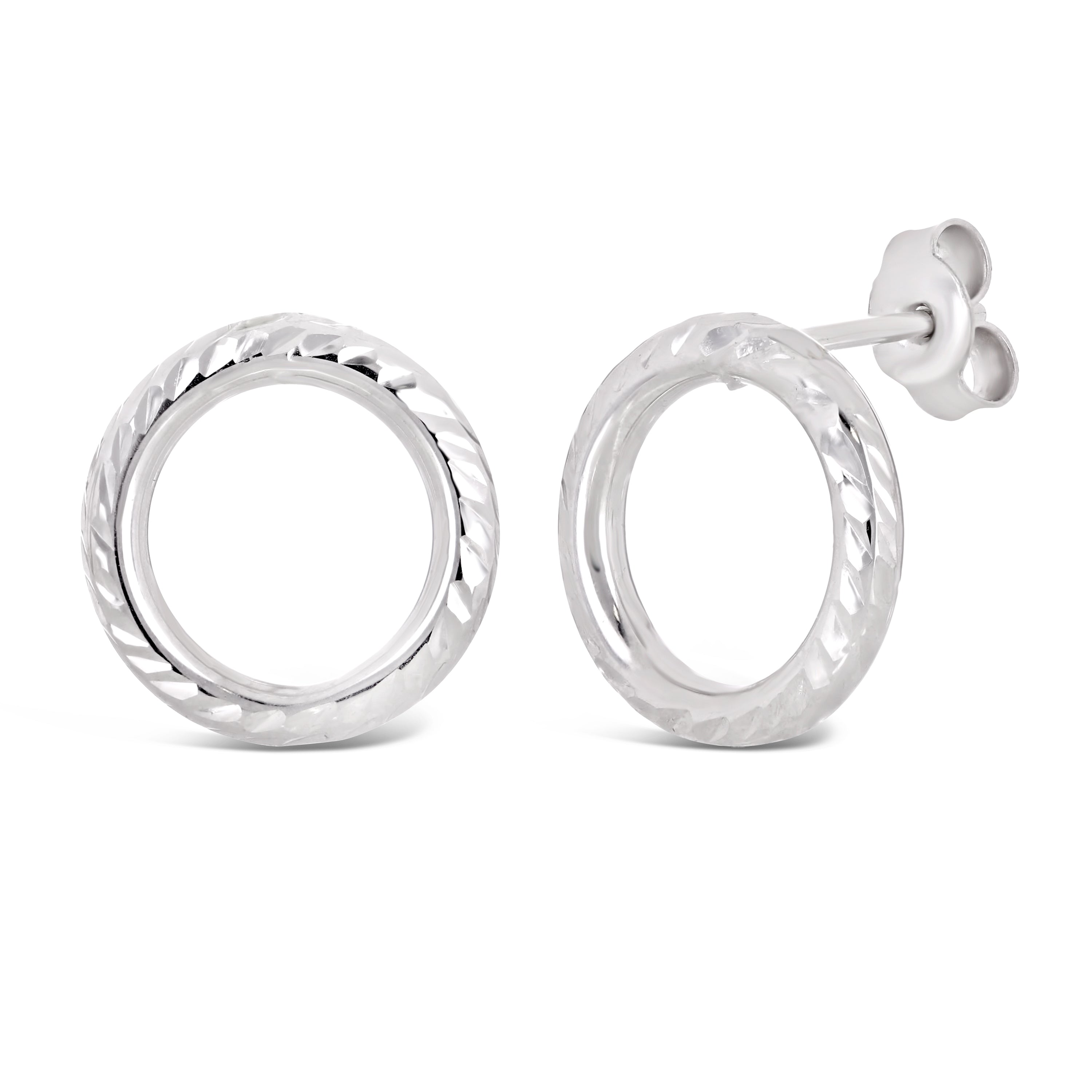 Italian 14k White Gold Modern Diamond-Cut Double Eternity Circle Stud Earrings - Dainty Modern