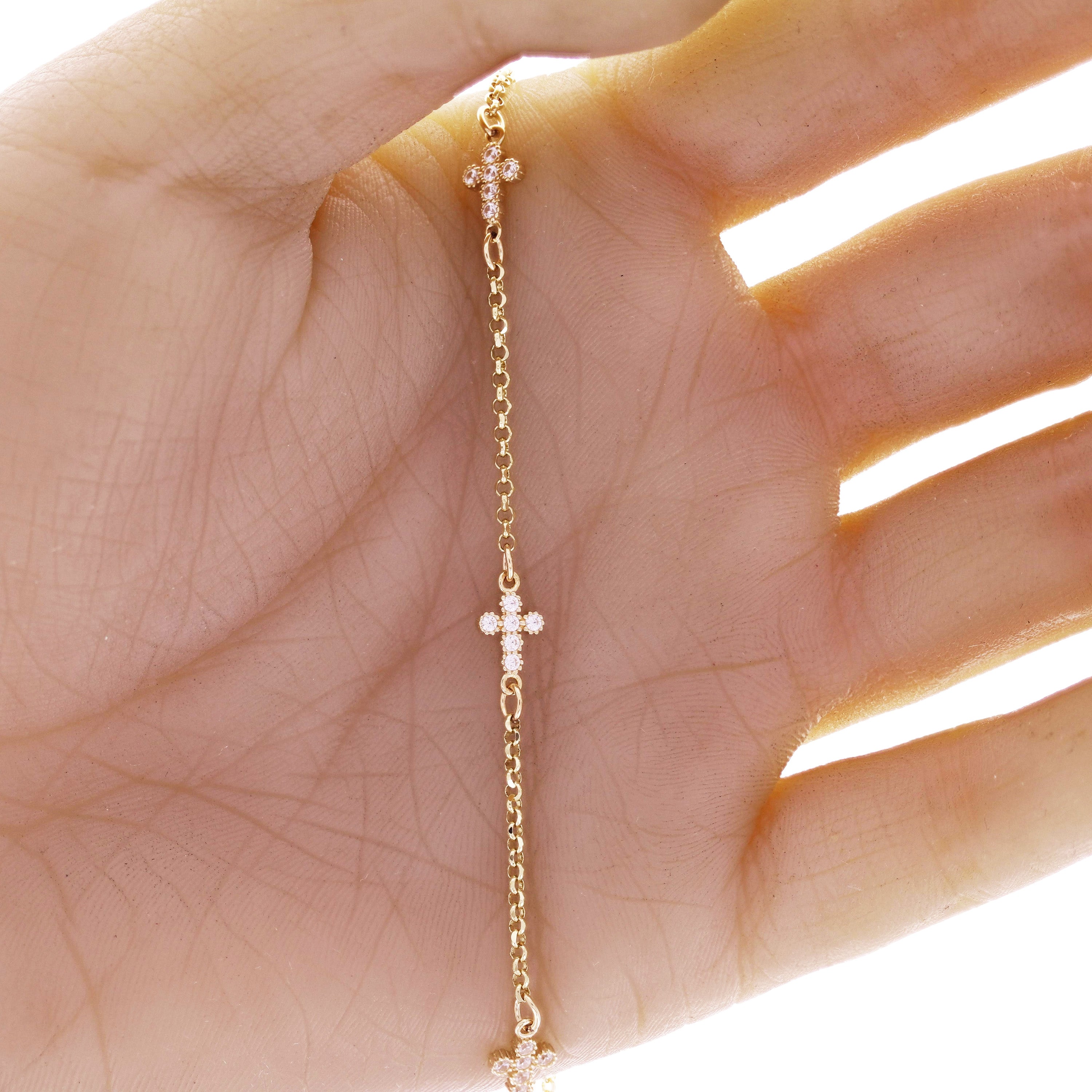 Italian 14k Yellow Gold Cross Charm Station Bracelet 7" 6.2mm 2.5 grams