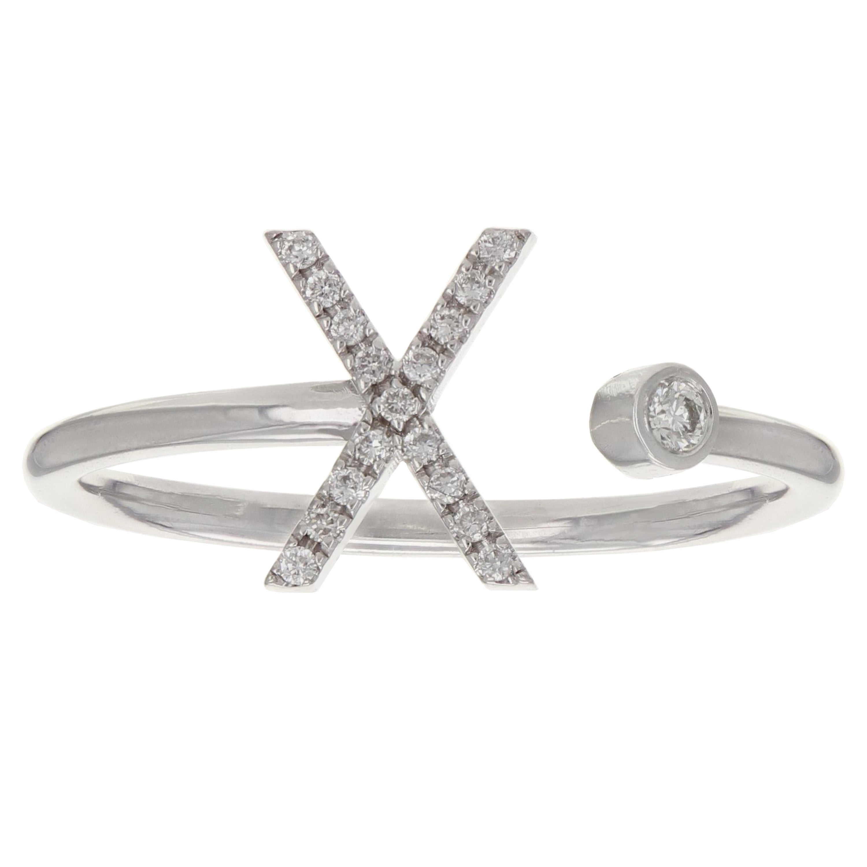 14k White Gold Diamond Initial Letter X Ring Size 6 - Letter X,White