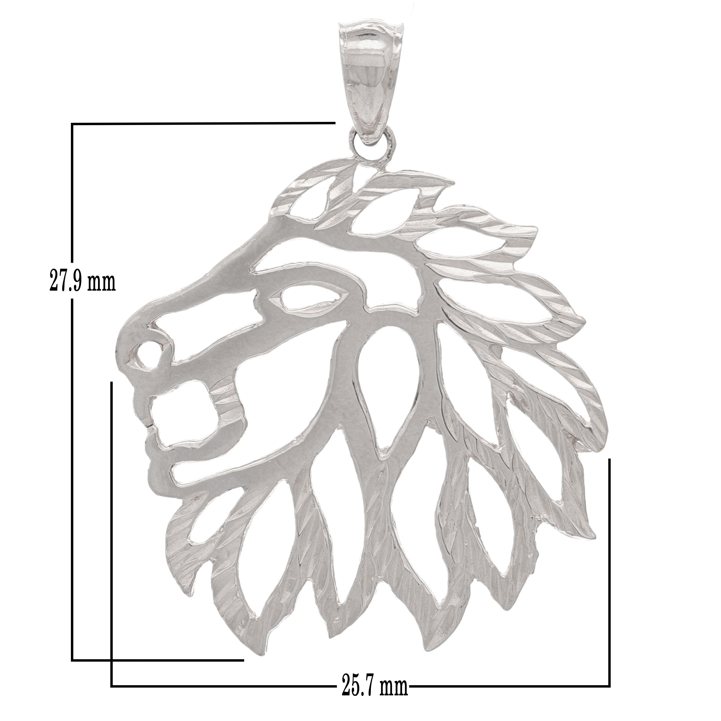 14k White Gold Diamond Cut Lion Head Lion Face Charm Pendant 1.3" 2.9 grams - White
