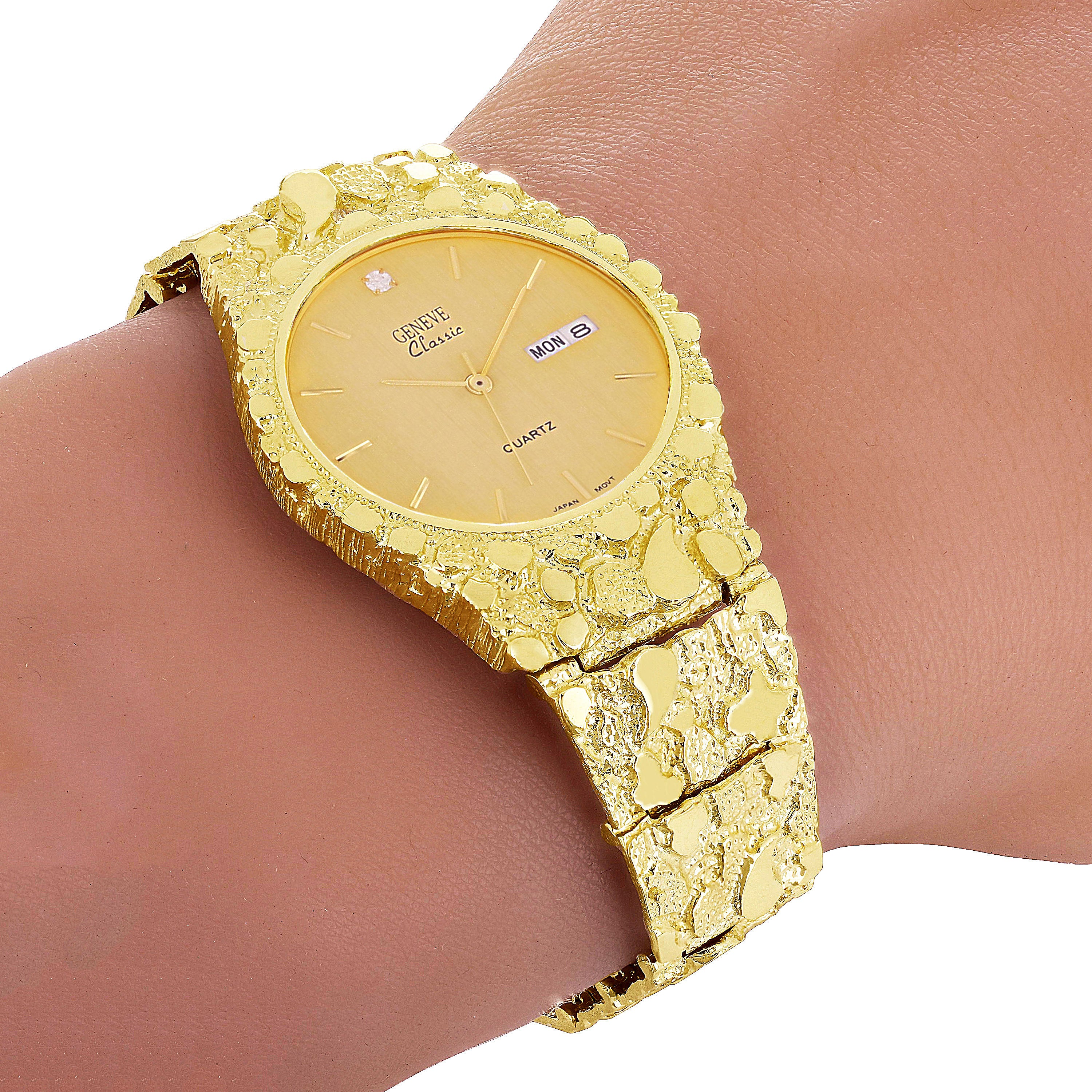 10k Yellow Gold Nugget Link Geneve Wrist Watch with Diamond 8.5-9" 57g