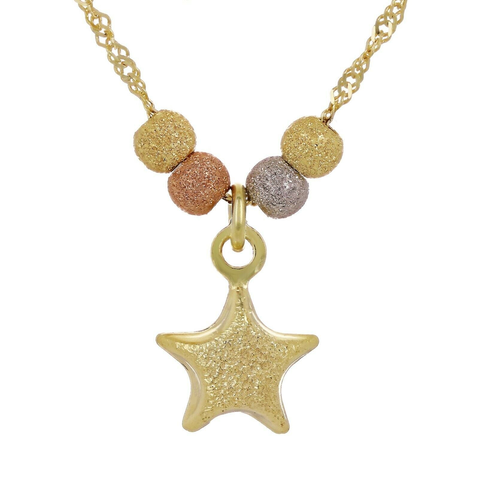 14k Tri Color Gold Ball Beads Star Charms Singapore Chain Necklace 17"