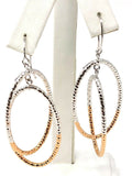 Italian 14k Two Tone Gold Hollow Diamond Cut Oval Dangle Earrings 2.25" 2.2g