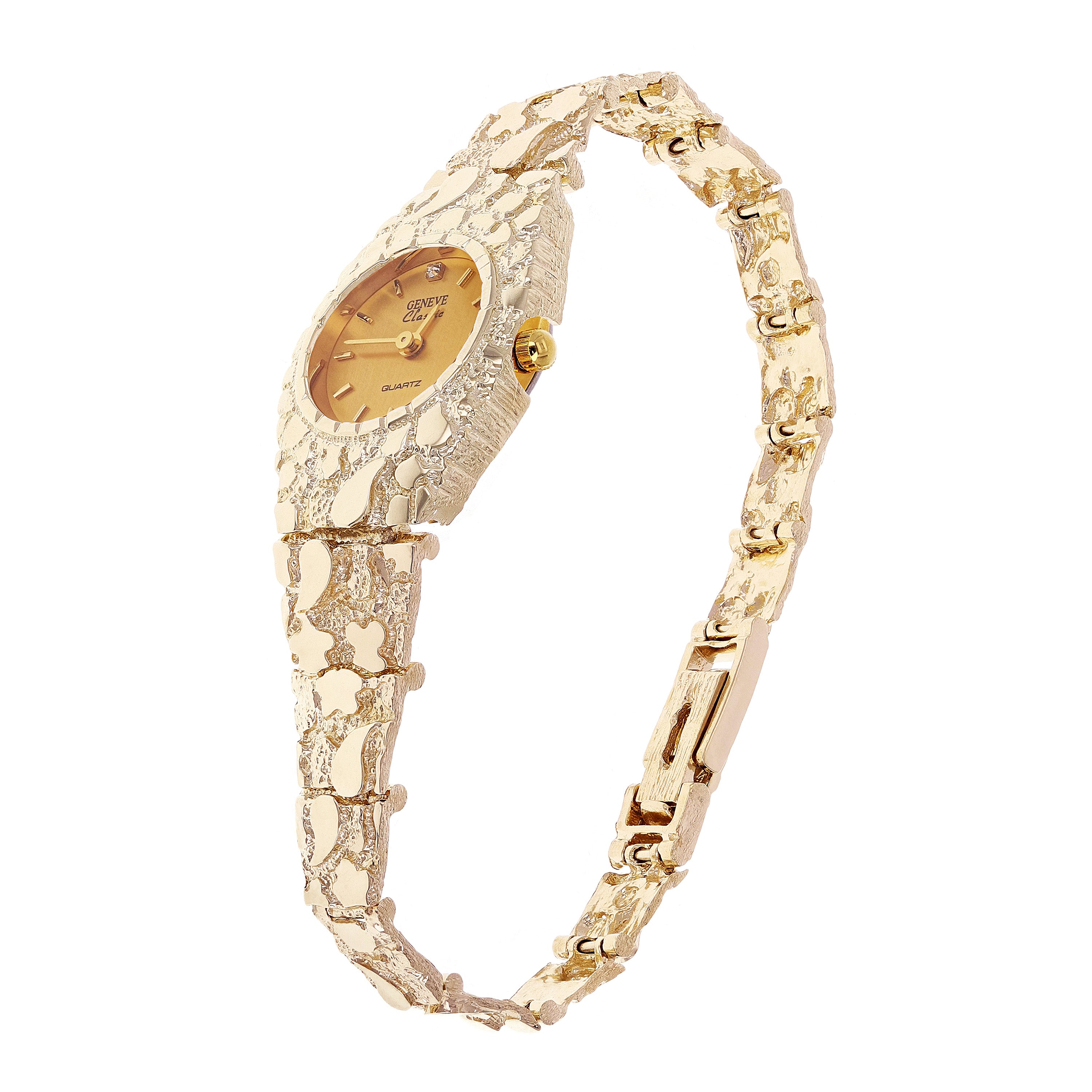 Womens 10k Yellow Gold Nugget Link Bracelet Geneve Wrist Watch with Diamond 7.5"