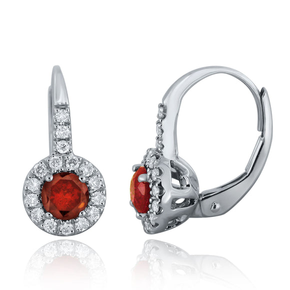 14k White Gold 0.75ctw Red & White Diamond Halo Lever Back Earrings