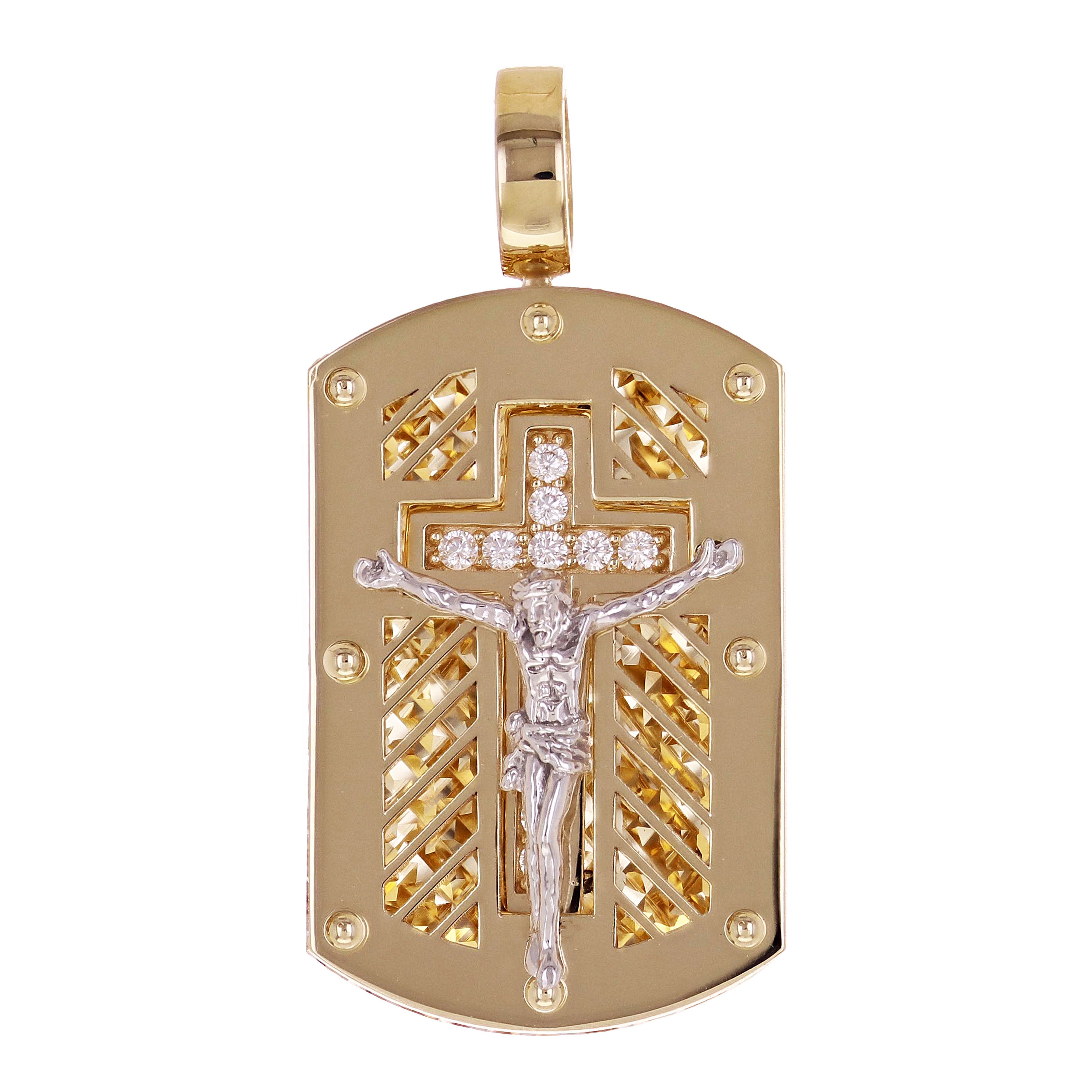 14k Yellow & White Gold 3D Crucifix Cross Pendant with Cubic Zirconia 4" 7 grams