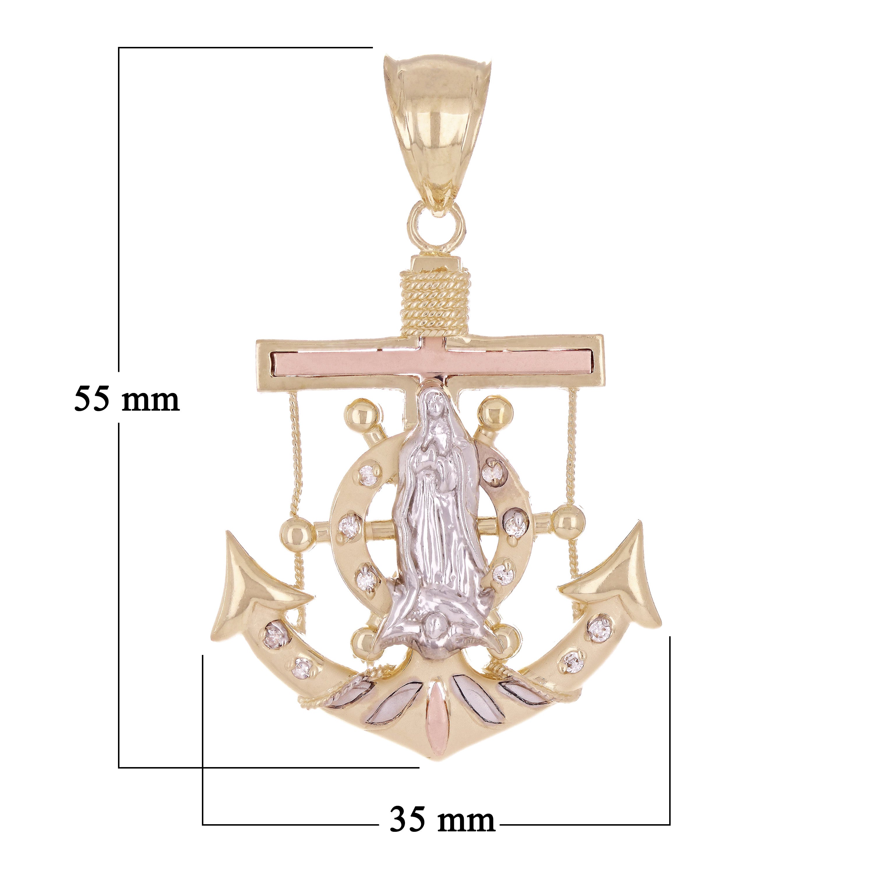 14k Tri-Color Gold Virgin Mary Ship Helm Wheel Mariner Anchor Pendant 2.2" 12.6g