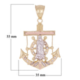 14k Tri-Color Gold Virgin Mary Ship Helm Wheel Mariner Anchor Pendant 2.2" 12.6g