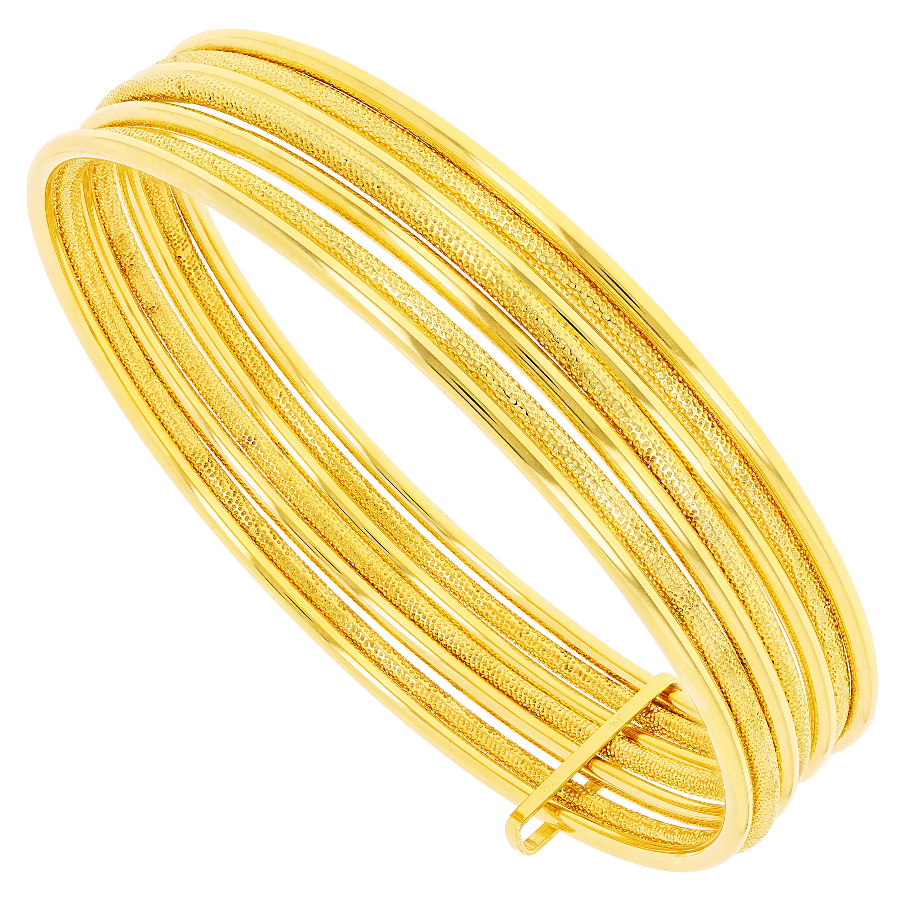 Italian 14k Yellow Gold Round Plain & Textured 7 Days Bangle Bracelet Set 8" 11g