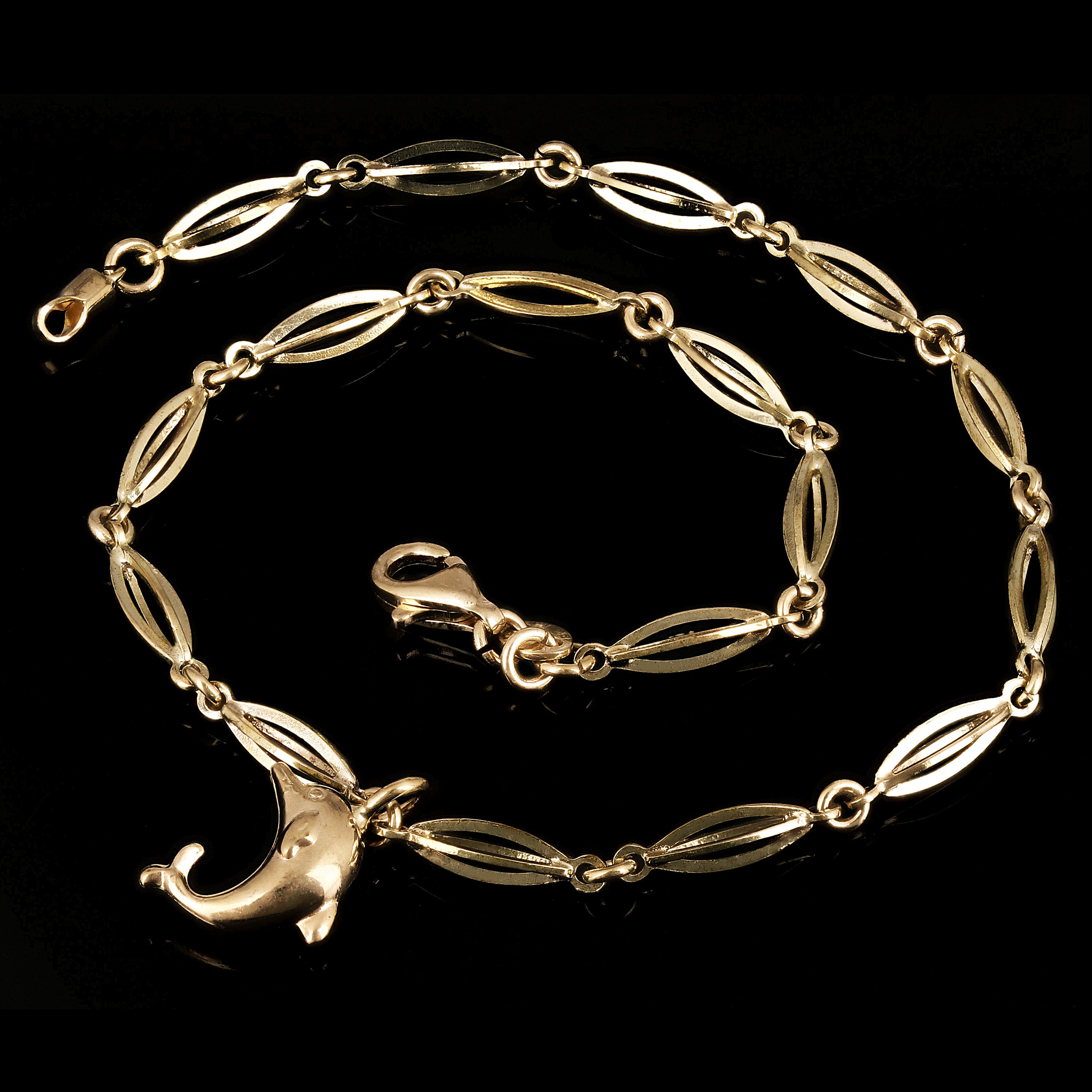 14k Yellow Gold Anklet Bracelet with Dolphin Charm 9" 3.1mm 4.2 grams