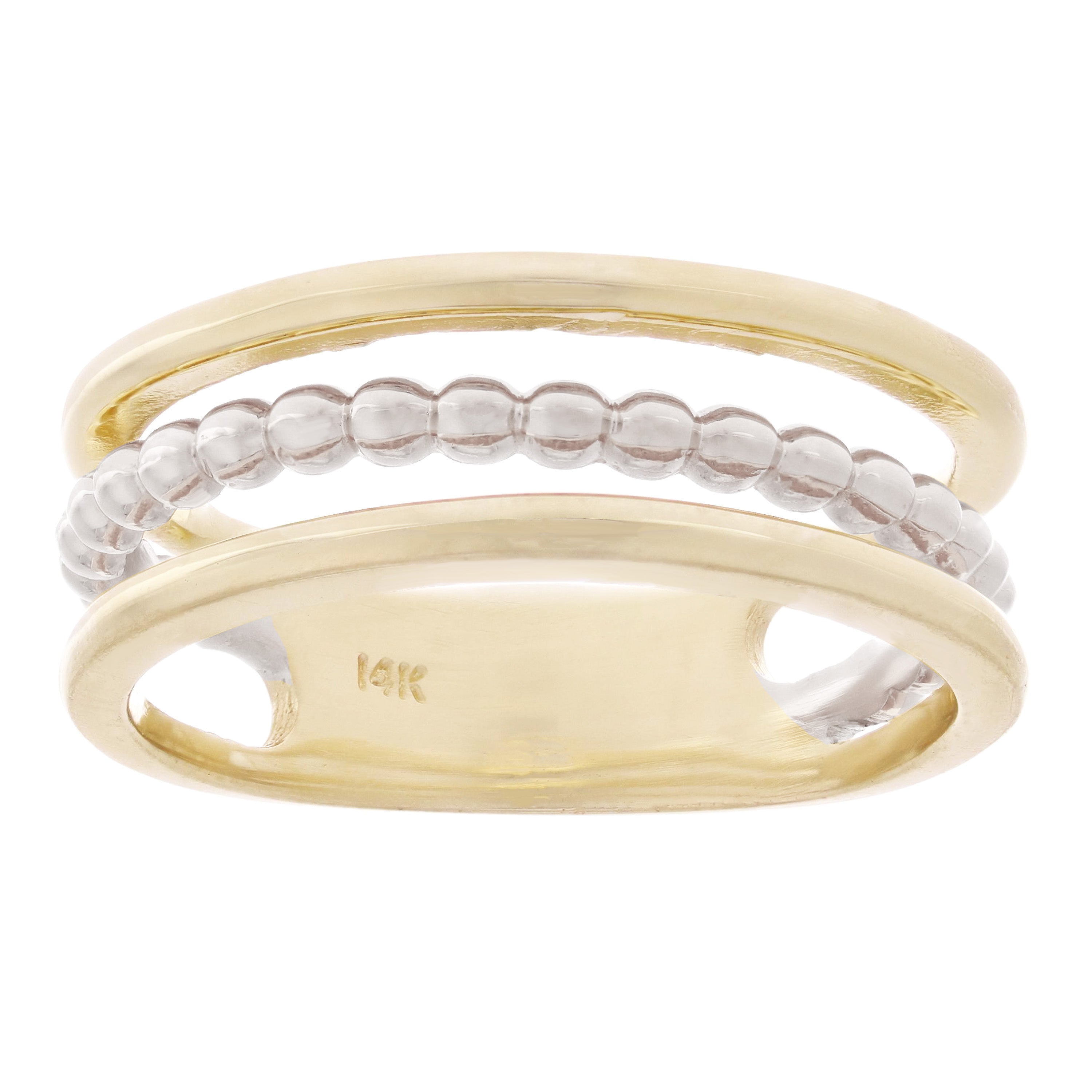 14k Yellow & White Gold High Polished Open Triple Row Beaded Band Size 6.5 - Yellow and White,Ring Size 6.5