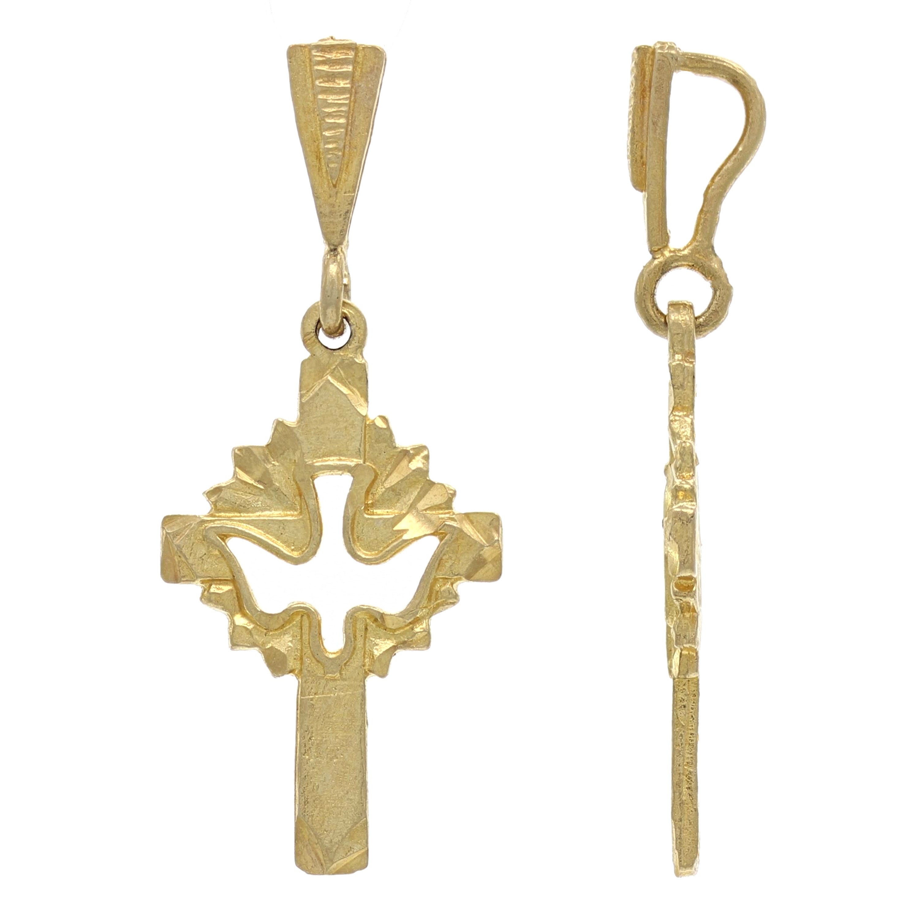 14k Yellow Gold Solid Religious Dove Cross Charm Pendant 1.3" 1.5 grams