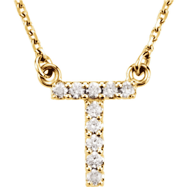 14k Yellow Gold Diamond Initial Letter T Alphabet Rolo Pendant Necklace 18" - Letter T,Yellow