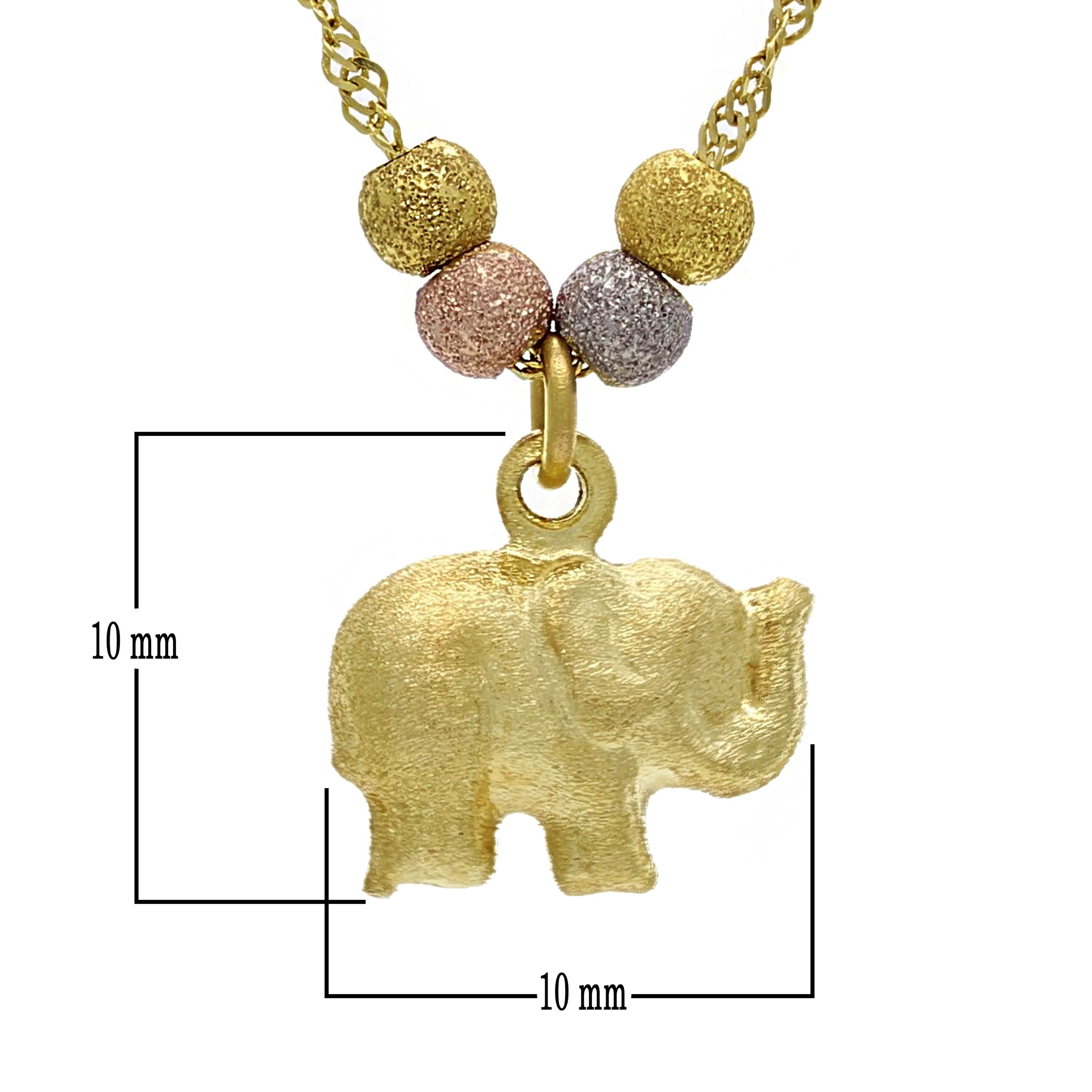 14k Tri Color Gold Ball Beads Elephant Charm Singapore Chain Necklace 17" - Elephant Satin Finish