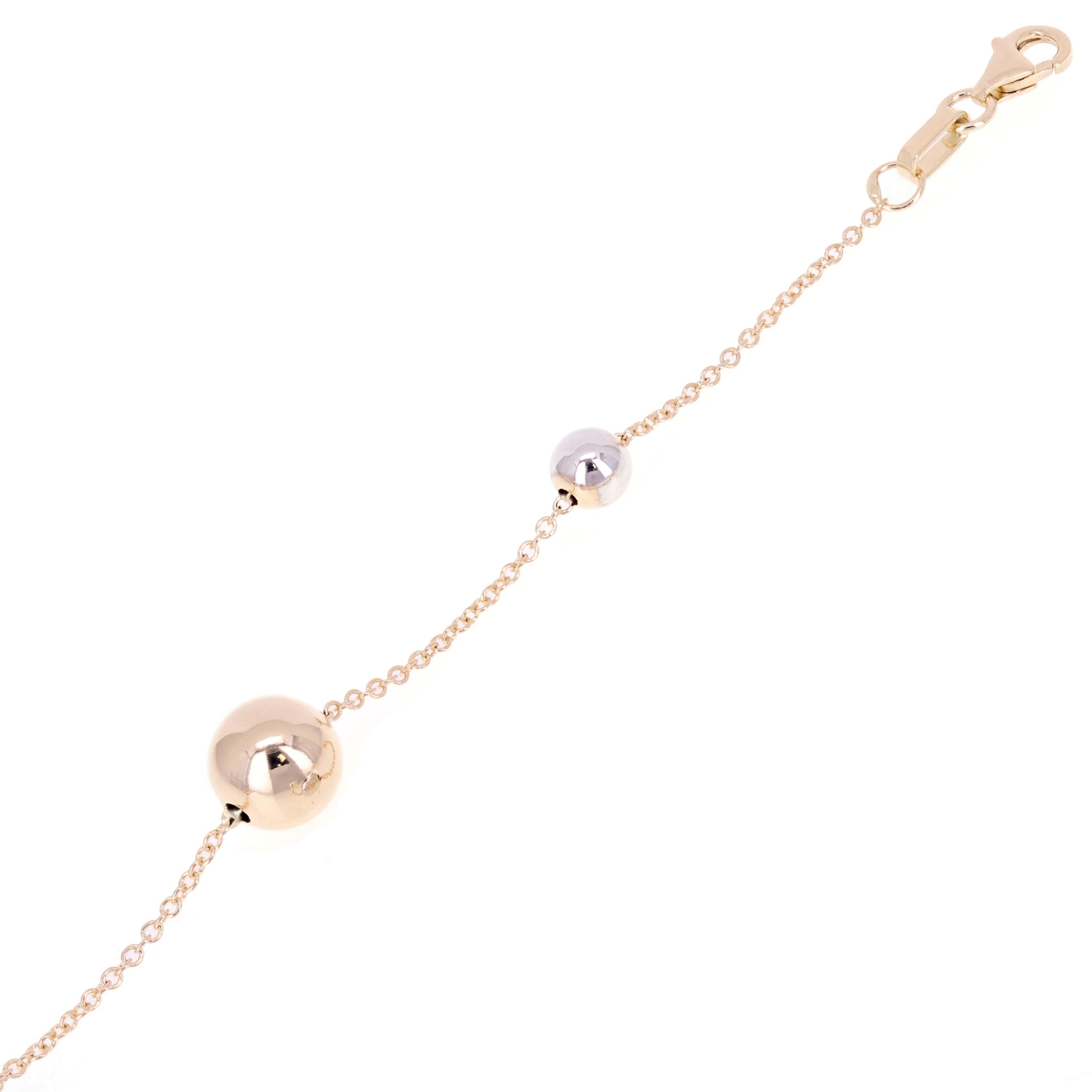 Italian 14k Yellow & White Gold Ball Bead Station Chain Bracelet 8mm 8.25" 2gram