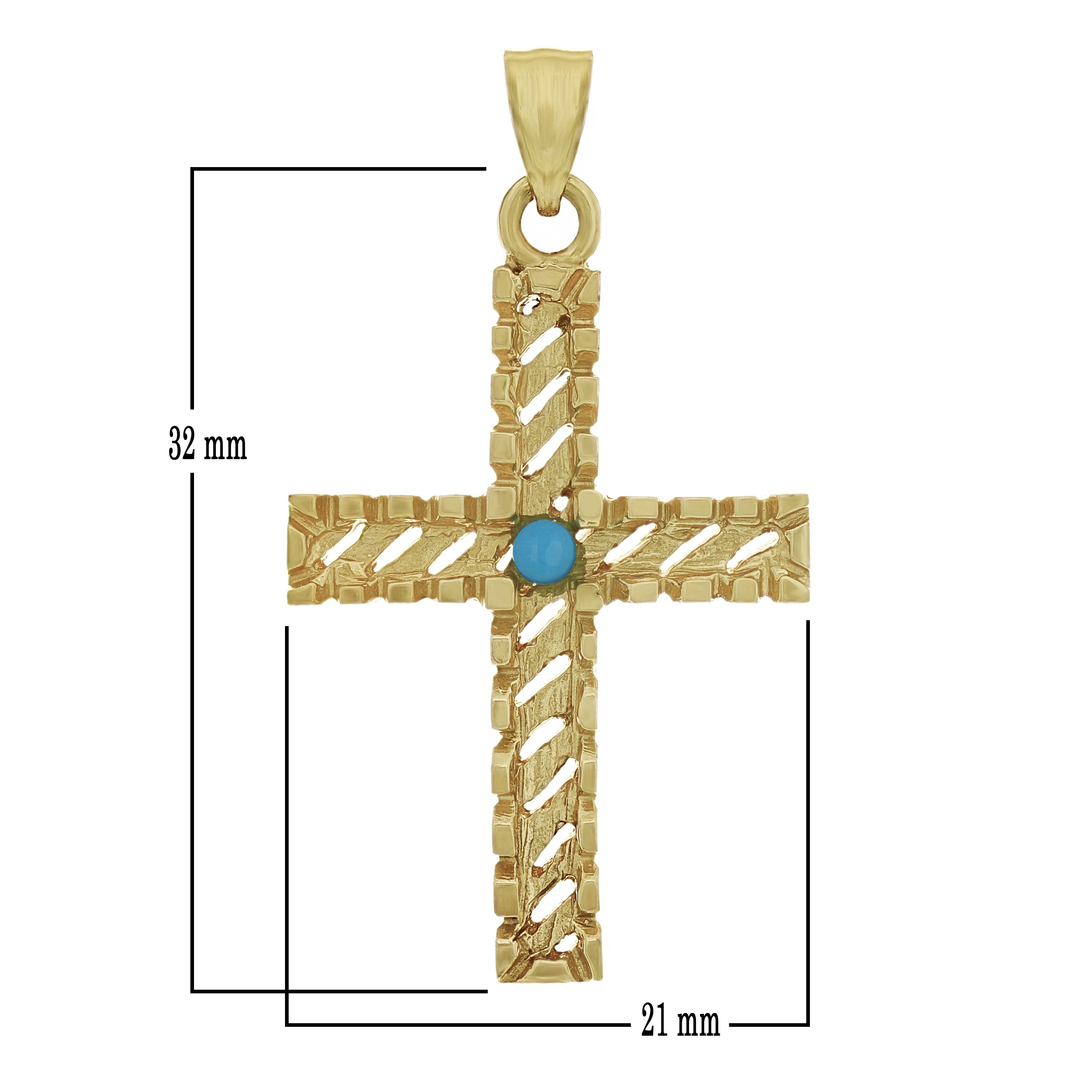 14k Yellow Gold Turquoise Diamond Cut Cross Charm Pendant 1.45" 3.3 grams - Yellow