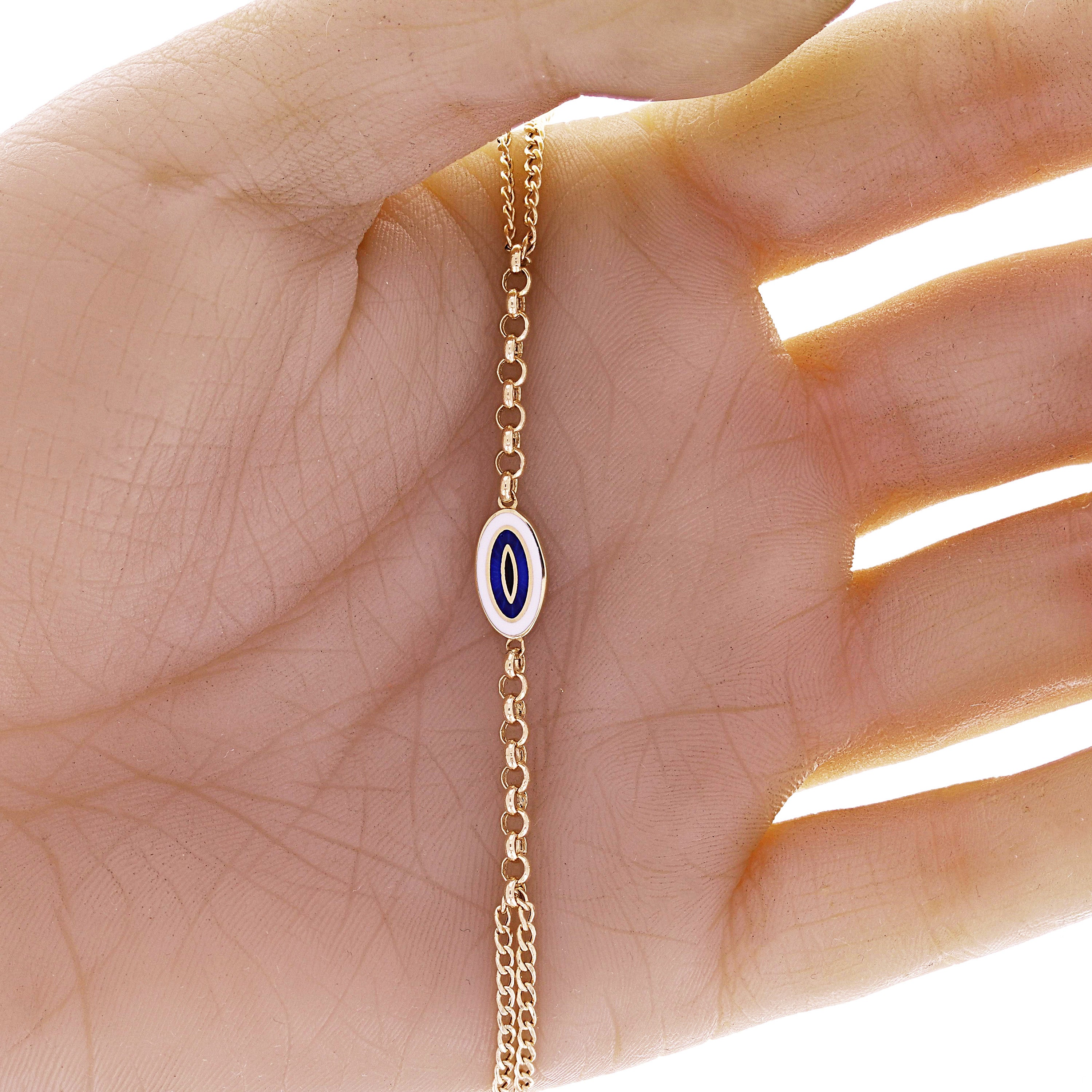 Italian 14k Yellow Gold Double Cuban Chain Evil Eye Charm Bracelet 7.5" 2.8grams