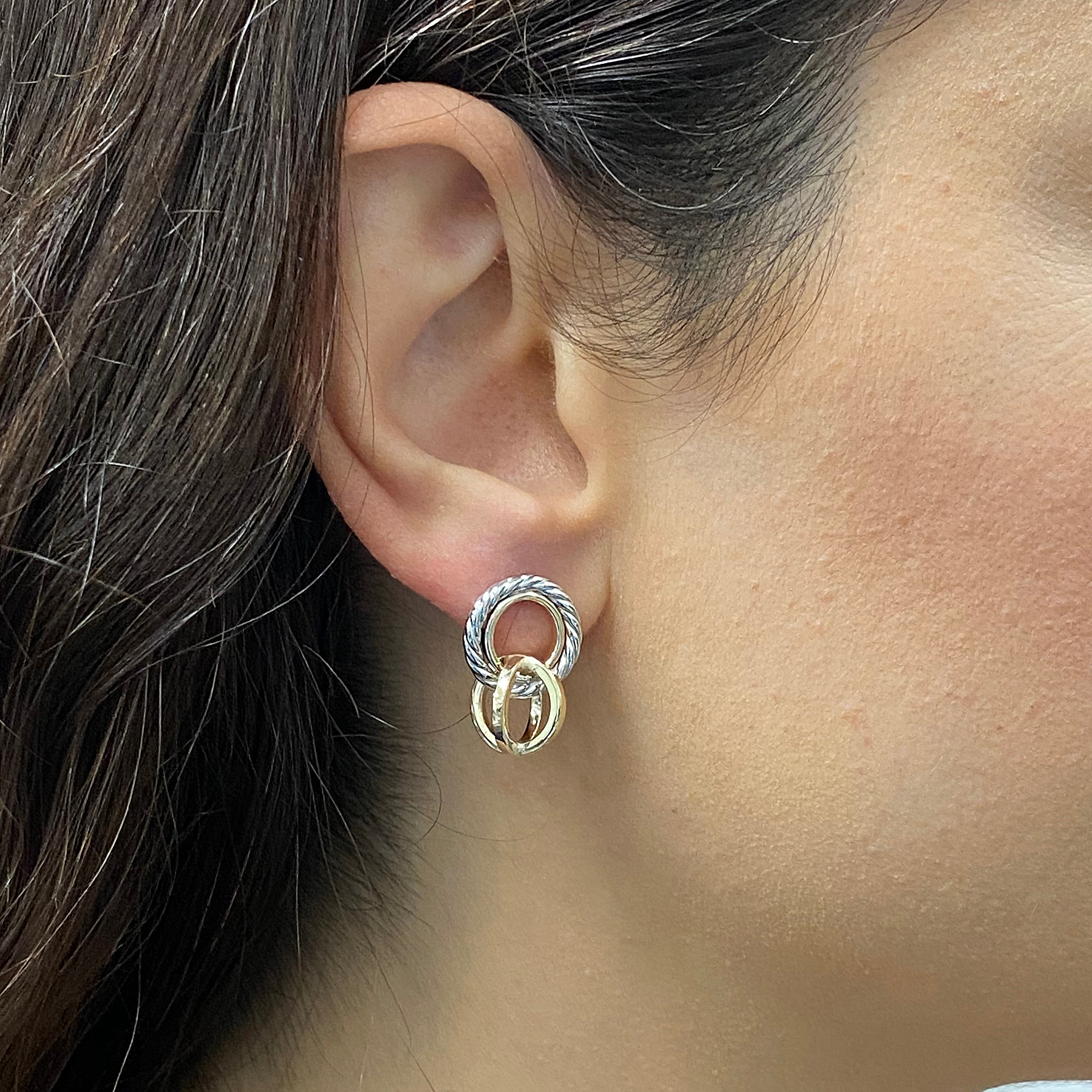 Italian 14k Yellow & White Gold Tangent Hoop Rope Eternity Circle Drop Earrings - Tangent Rope Eternity