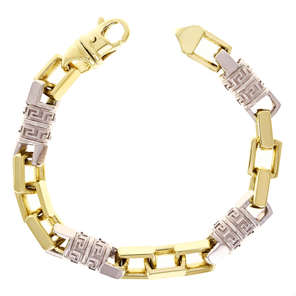 14k Two Tone Gold Solid Handmade Greek Key Link Bracelet 11mm 8.5