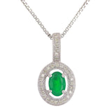 14k White Gold Emerald & Diamond Oval Halo Pendant Necklace 18" - Emerald