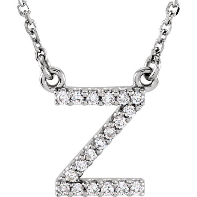 14k White Gold Diamond Initial Letter Z Alphabet Rolo Pendant Necklace 18" - Letter Z,White