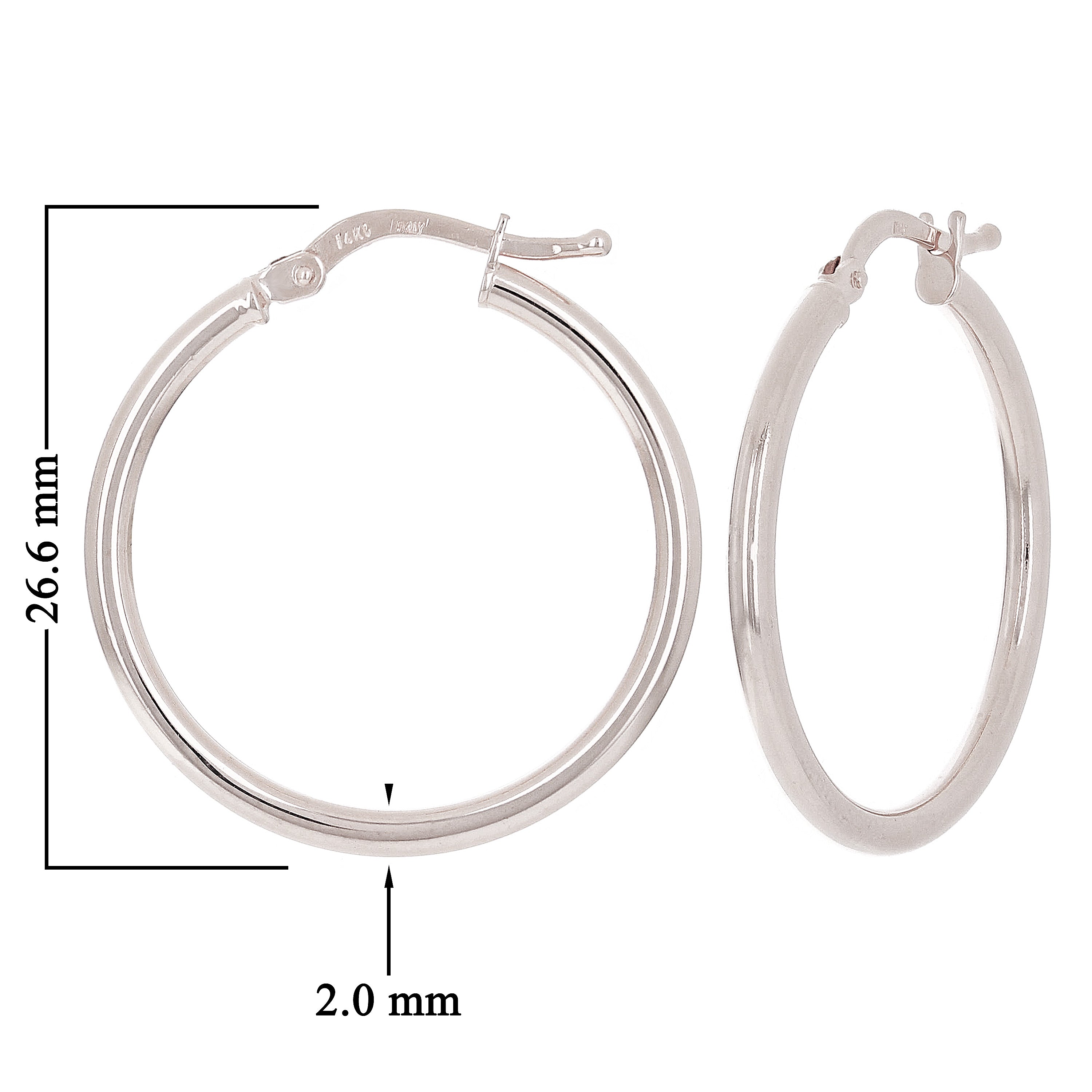Italian 14k White Gold High Polished Plain 2mm Hollow Hoop Earrings 1" 1.6 grams - White,Size 1" 1.6 grams