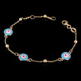 Italian 14k Yellow Gold Evil Eye Station Charm Bracelet 8" 7.8mm 2.5 grams