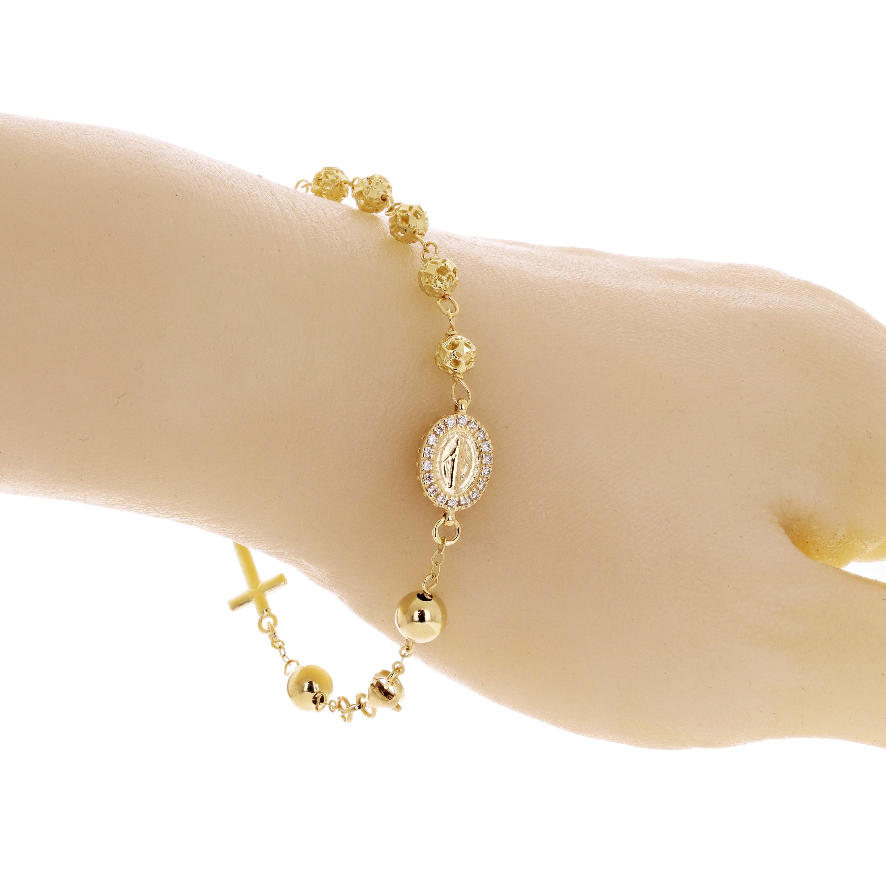 Italian 14k Yellow Gold Diamond-Cut Beaded Rosary Bracelet 5mm 7.5" 6.6 grams