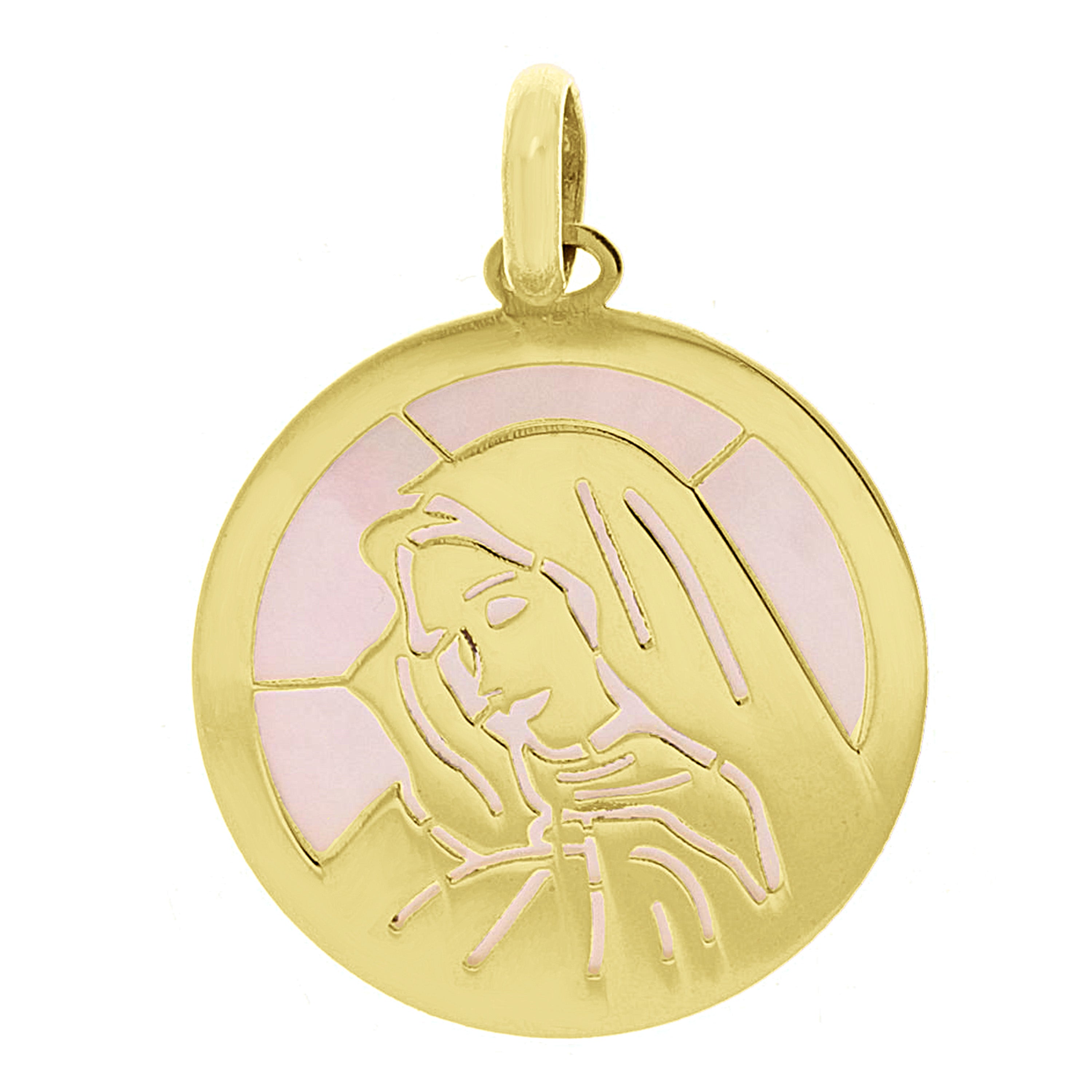 Italian 14k Yellow Gold Mother of Pearl Madonna Virgin Mary Medal Charm Pendant