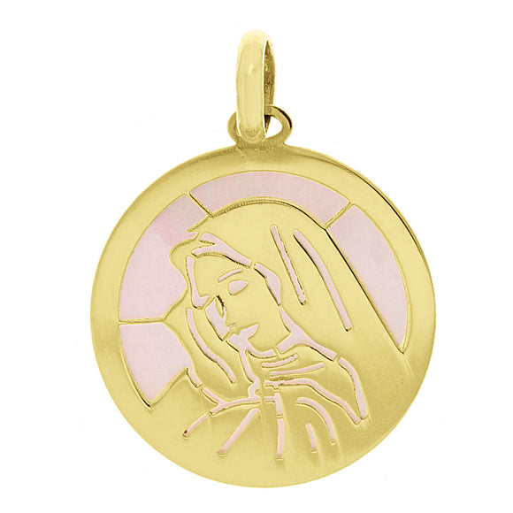 Italian 14k Yellow Gold Mother of Pearl Madonna Virgin Mary Medal Charm Pendant