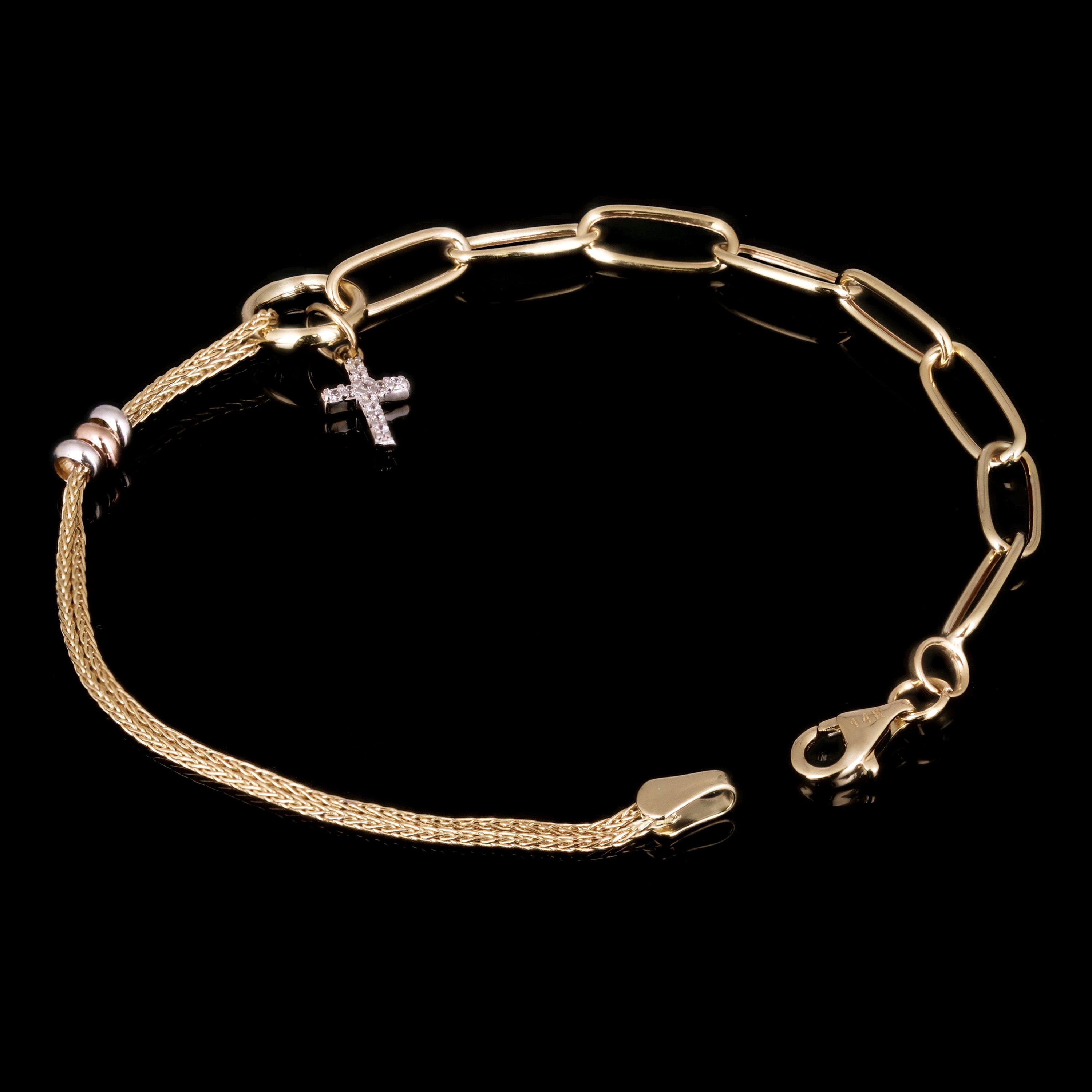 Italian 14k Tri-Color Gold Cross Charm Bracelet 7.5" 3 grams