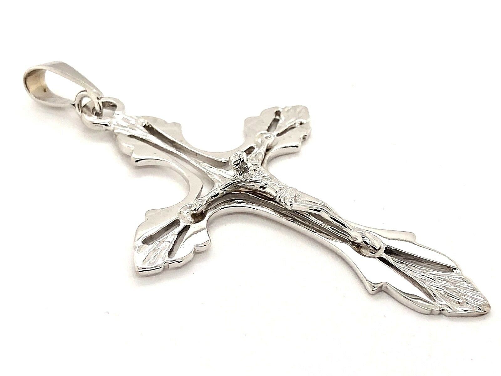 10k White Gold Solid Religious Jesus Crucifix Cross Charm Pendant 2" 4.8 grams