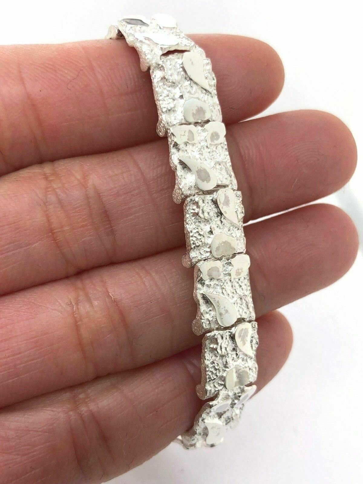 925 Sterling Silver Solid Nugget Bracelet Adjustable 8" 9.5mm 21.2 grams