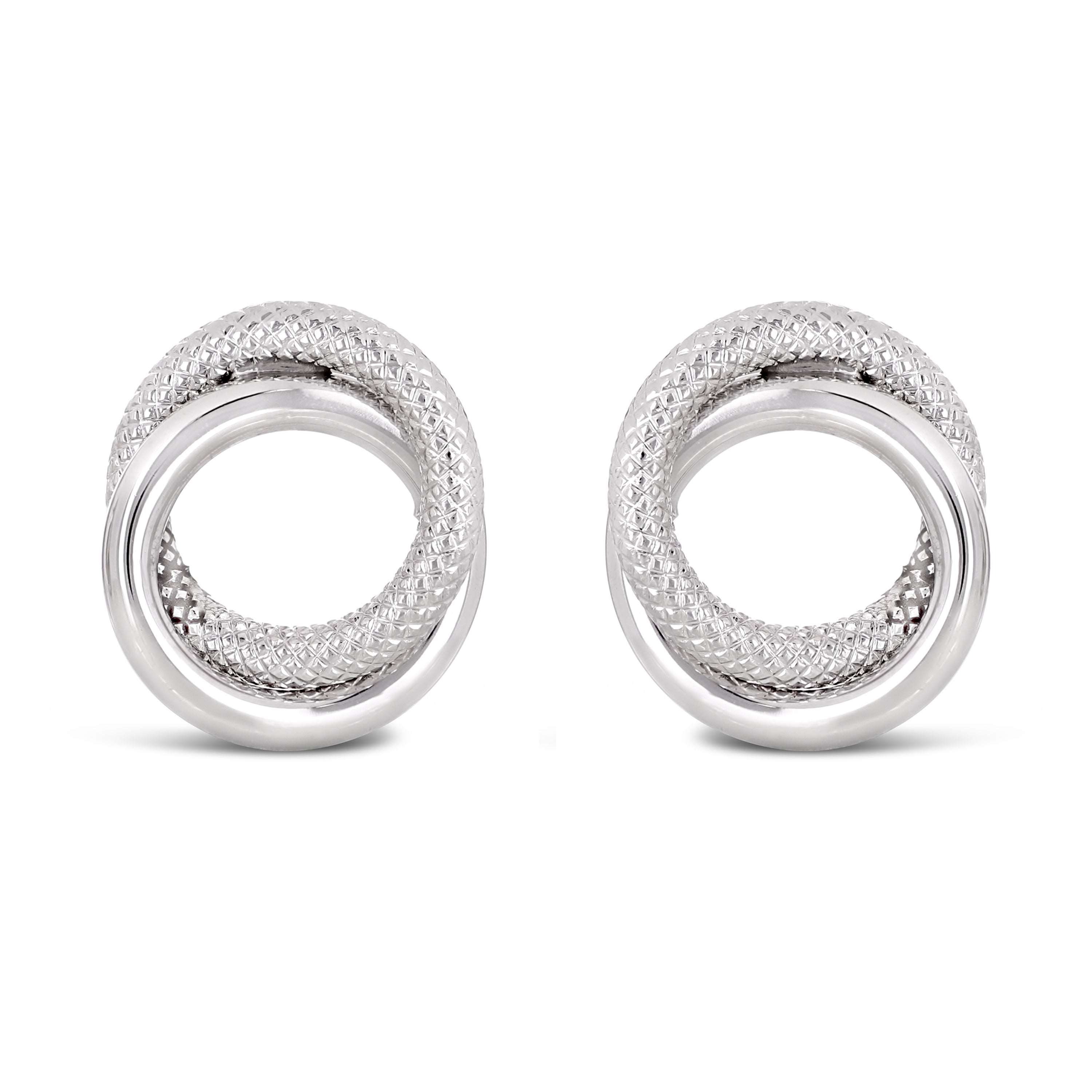 Italian 14k White Gold Rope Shiny Double Eternity Circle Knot Stud Earrings - White