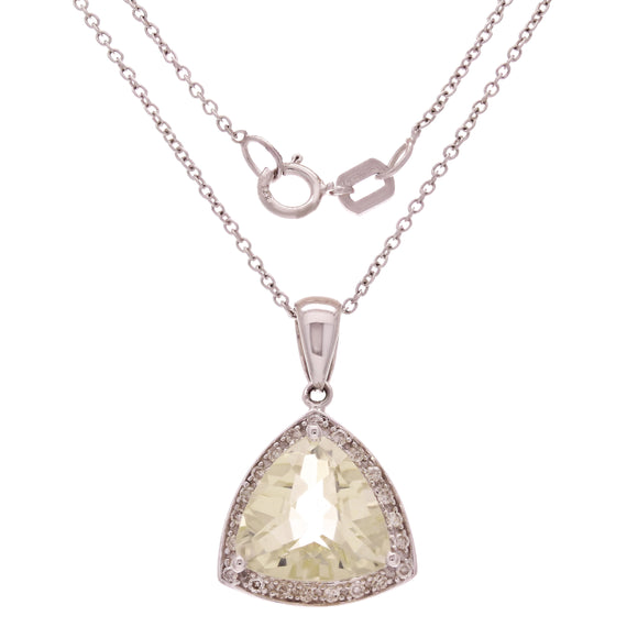 14k White Gold 0.12ctw Lemon Quartz & Diamond Trillion Halo Pendant Necklace