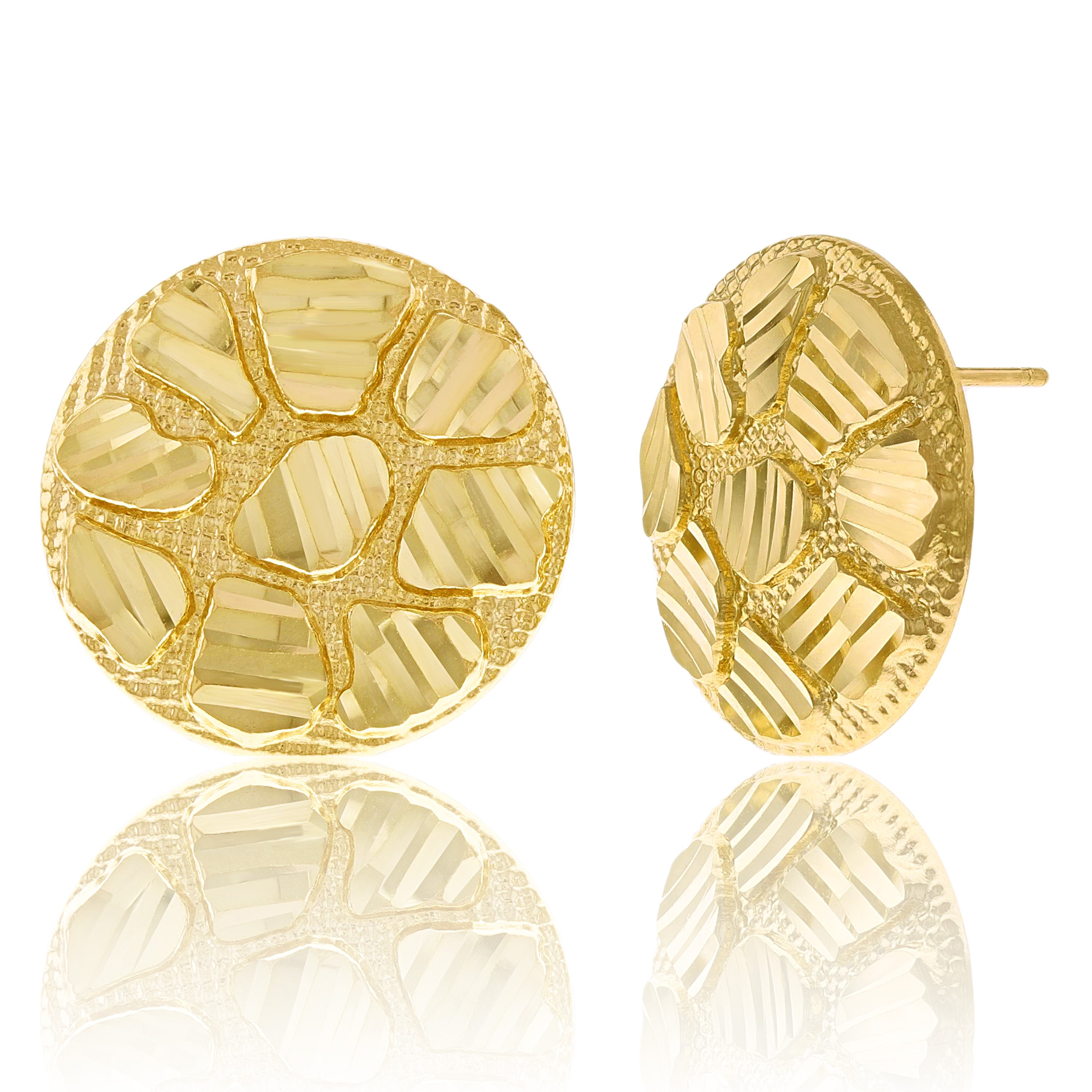 14k Yellow Gold Diamond Cut Nugget Round Stud Earrings 20mm 4.8 grams