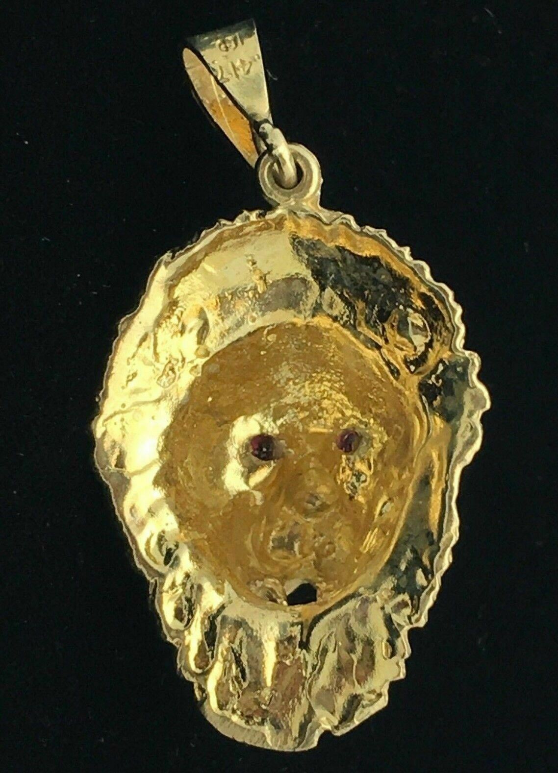 14k Yellow Gold Diamond Cut Lion Head Charm Pendant with Ruby Eyes 10.5-11 grams