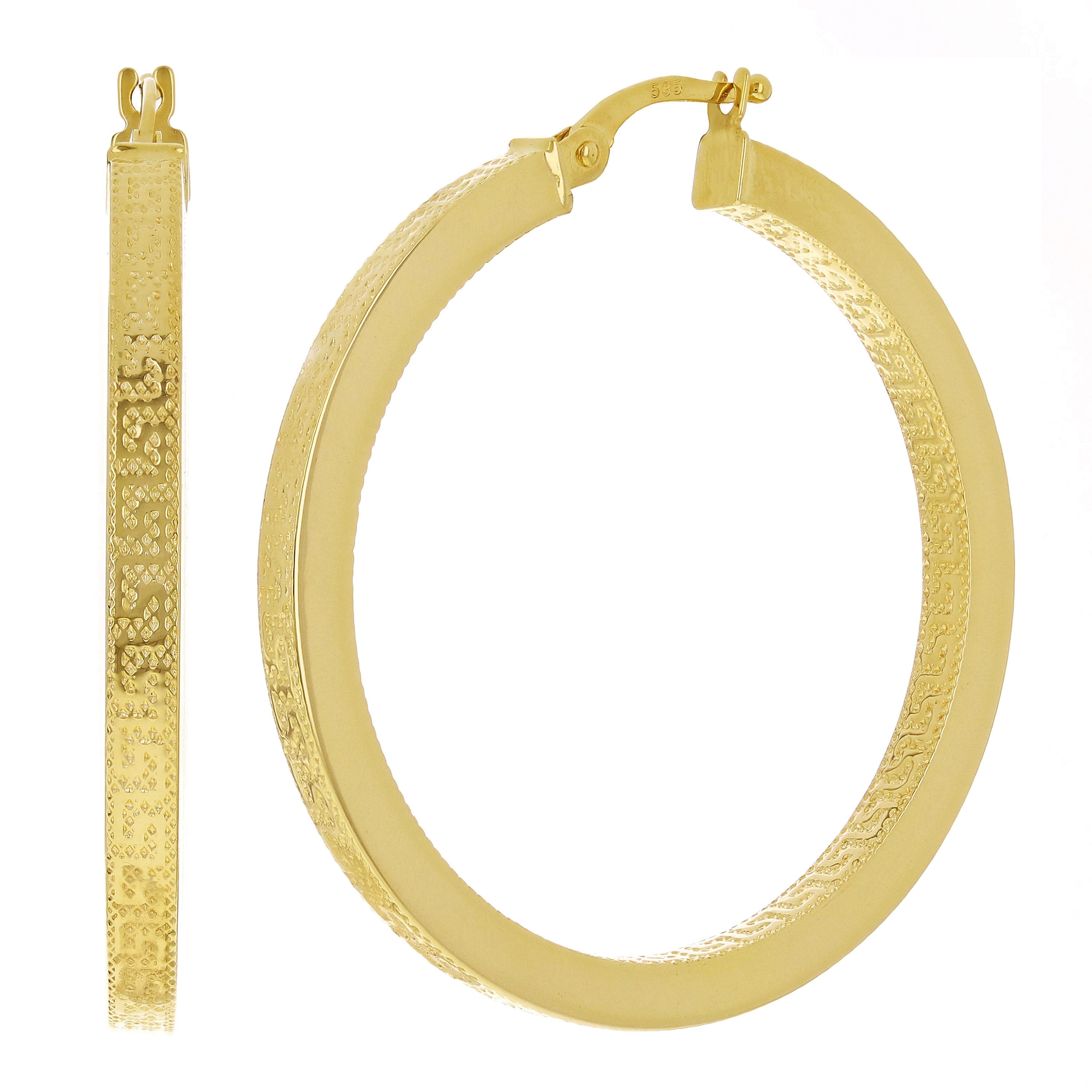 Italian 14k Yellow Gold Greek Key Hollow Hoop Earrings 1.2" 3mm 3.2 grams