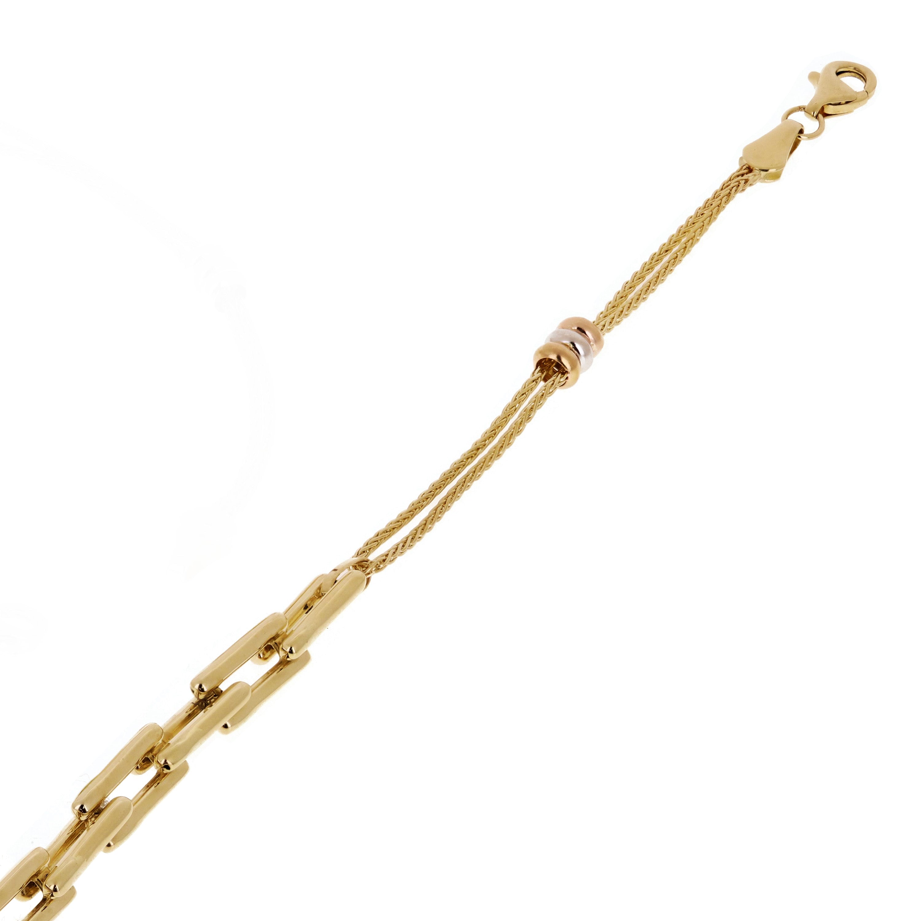 Italian 14k Tri-Color Gold Spiga, Link & Charm Bracelet 7.5" 3.7 grams