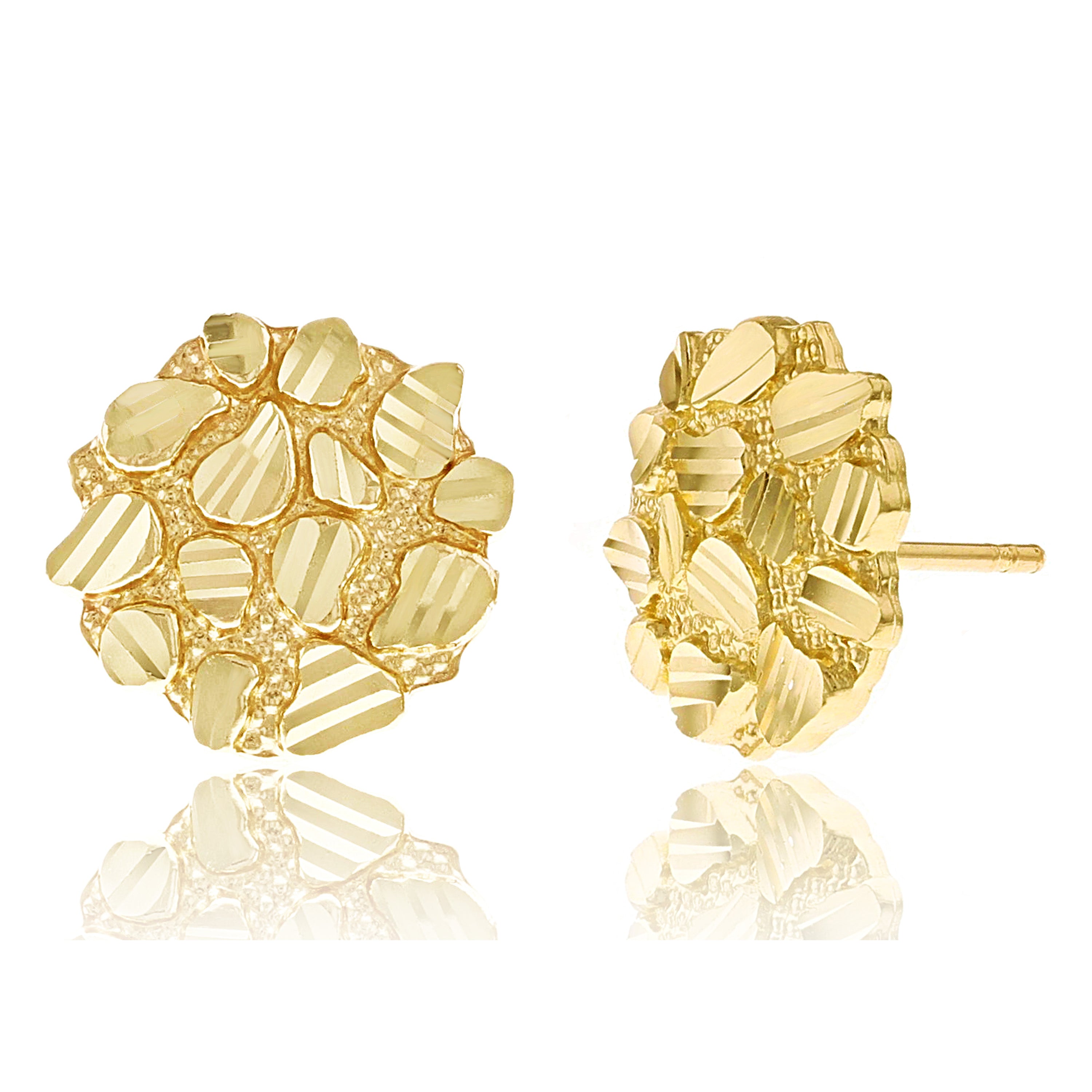 10k Yellow Gold Diamond Cut Round Nugget Stud Earrings 12mmx11.5mm 1.6 grams