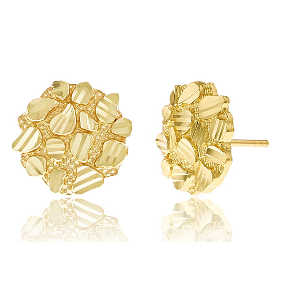 10k Yellow Gold Diamond Cut Round Nugget Stud Earrings 12mmx11.5mm 1.6 grams